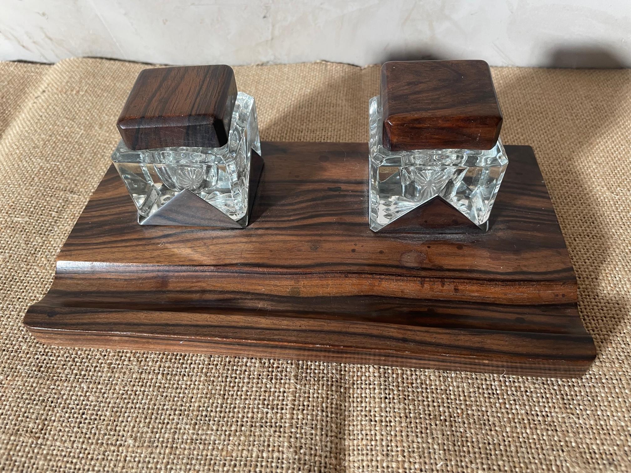 20th Century French Rosewood and Glass Inkwell, 1960s 4