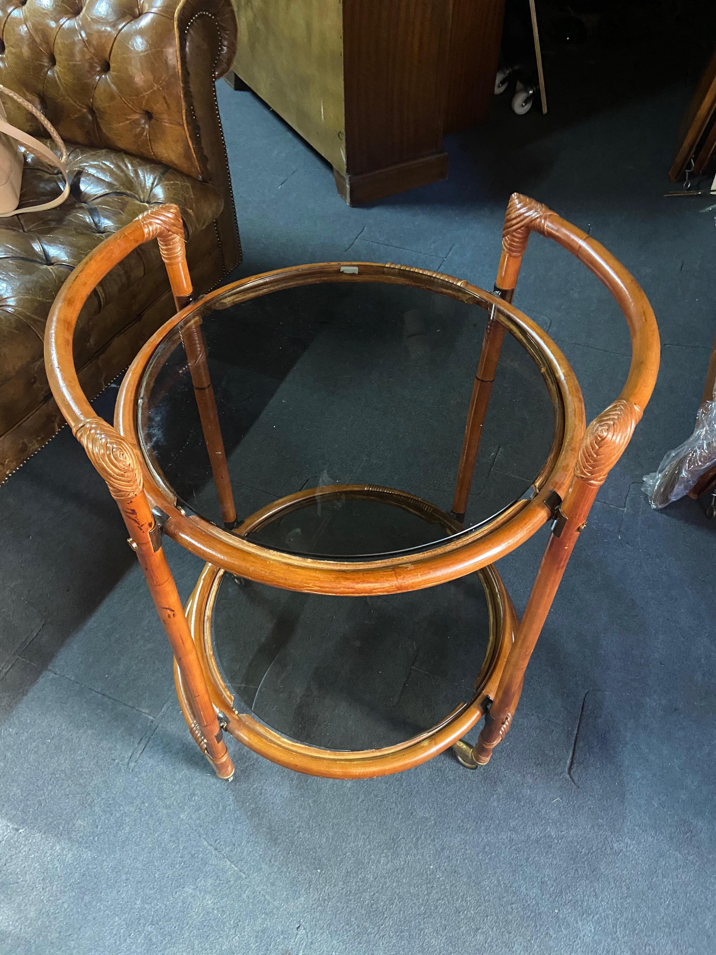 20th Century French Round Bamboo Two Levels Serving Side Table For Sale 1