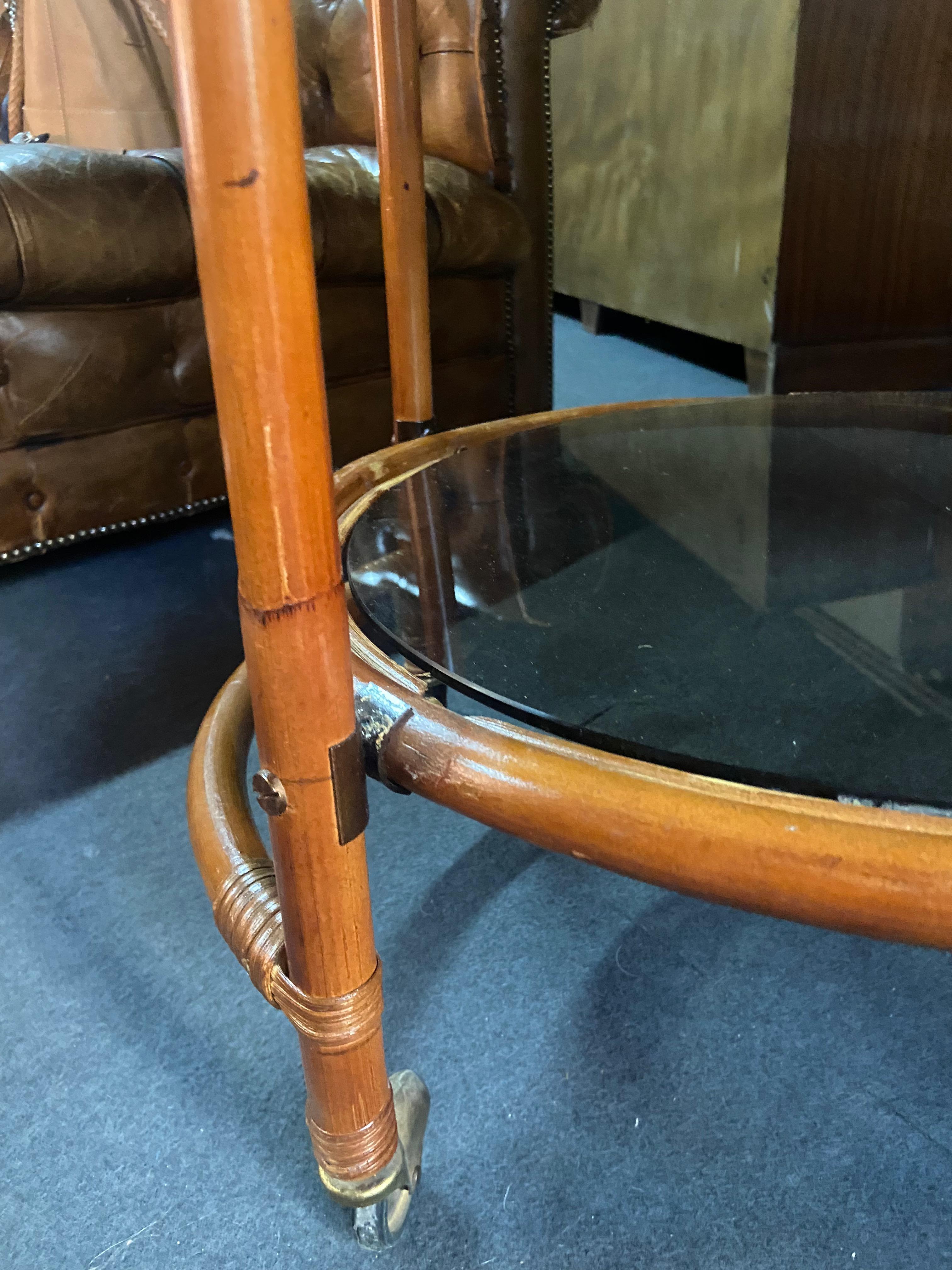 20th Century French Round Bamboo Two Levels Serving Side Table For Sale 2