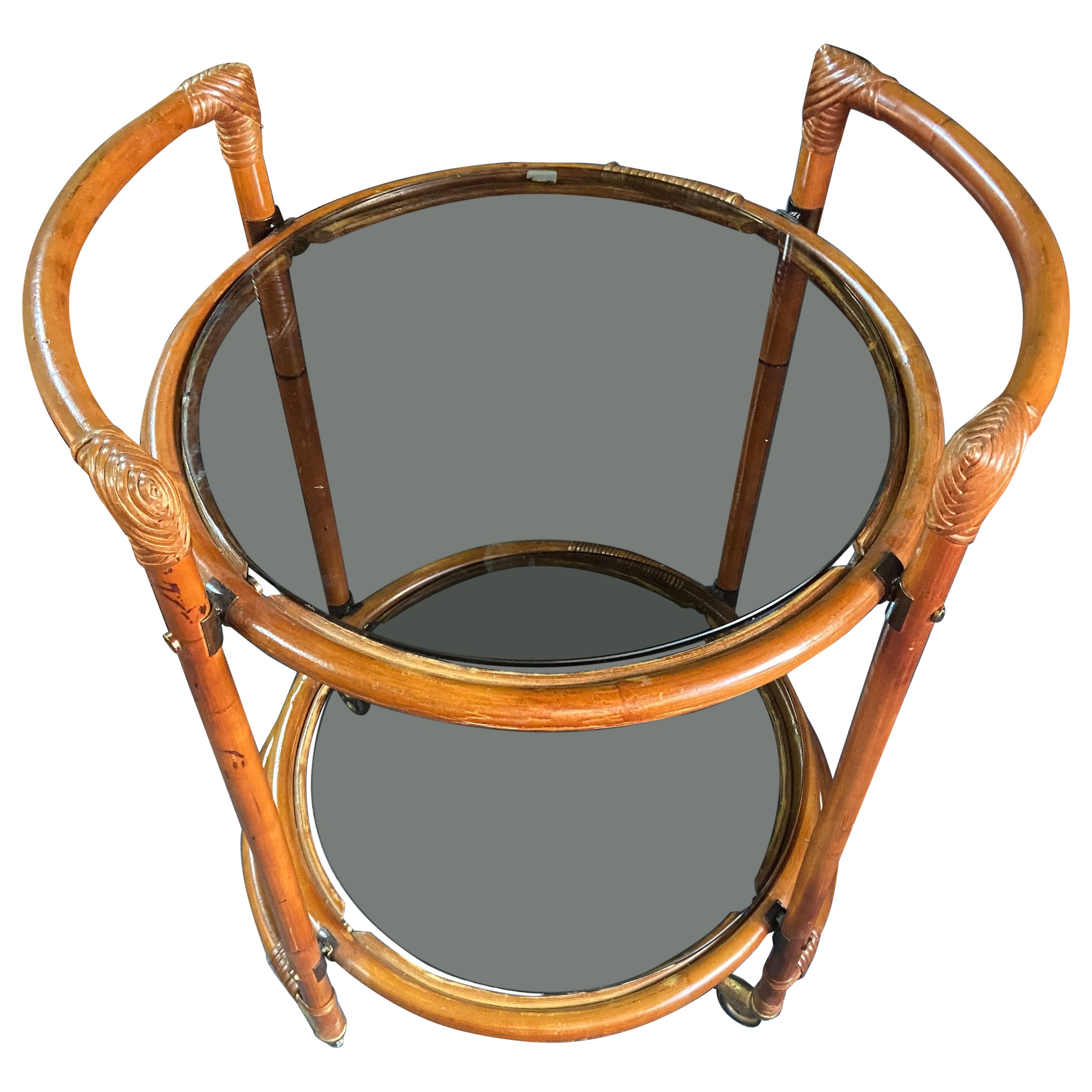 20th Century French Round Bamboo Two Levels Serving Side Table