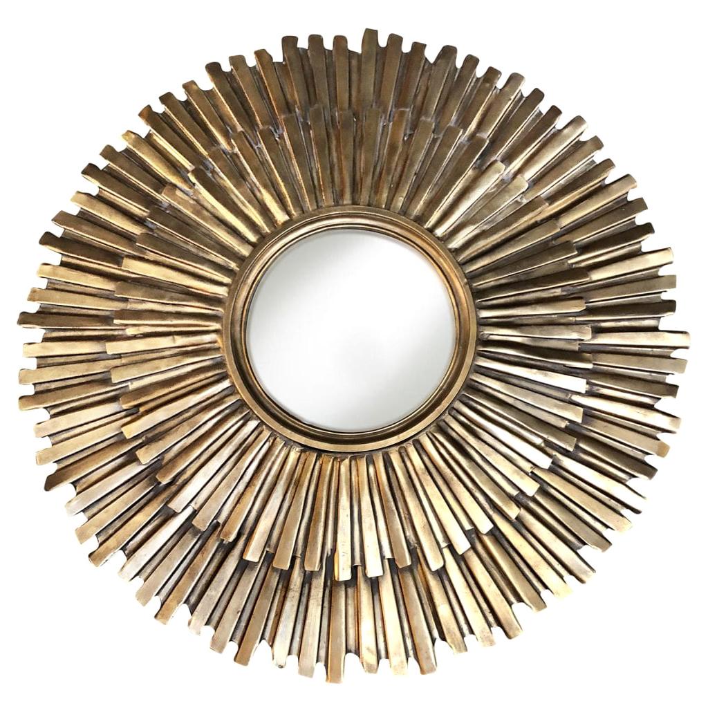 20th Century Gold-Brown French Round Gilded Metal, Brass Sun Wall Mirror
