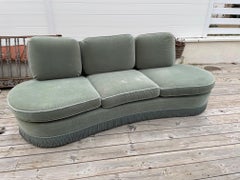 20th Century French Rounded Green Velvet and Fringes Sofa