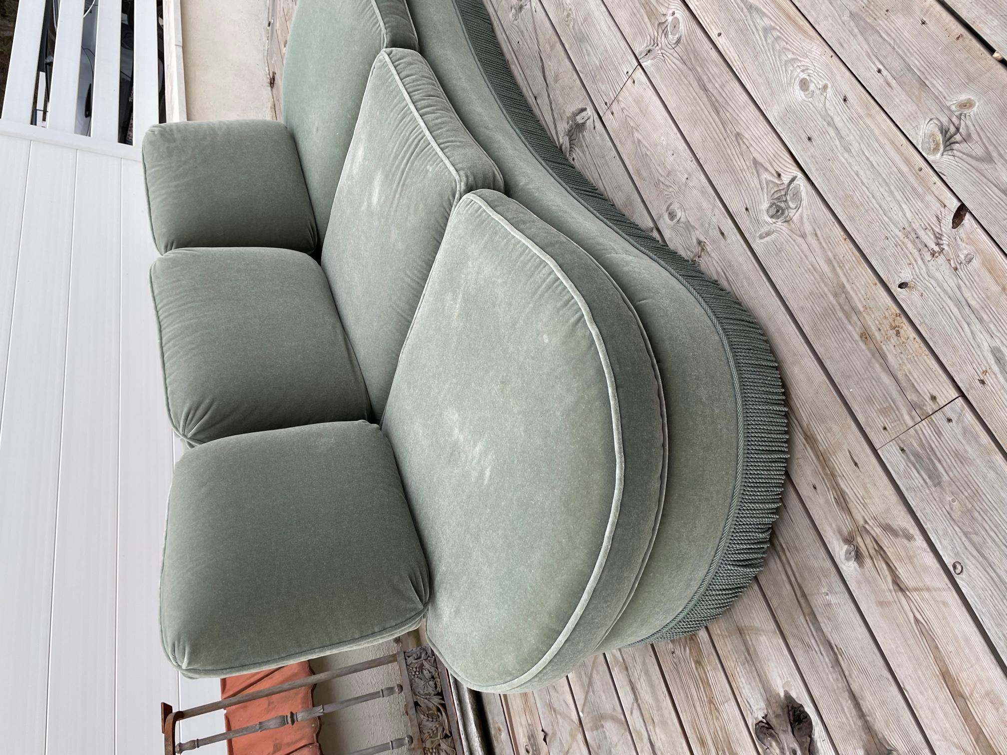 Mid-20th Century 20th Century French Rounded Green Velvet and Fringes Sofa