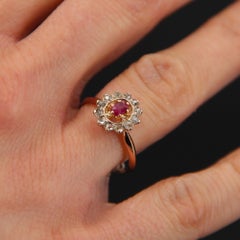 20th Century French Ruby Diamonds 18 Karat Rose Gold Daisy Ring