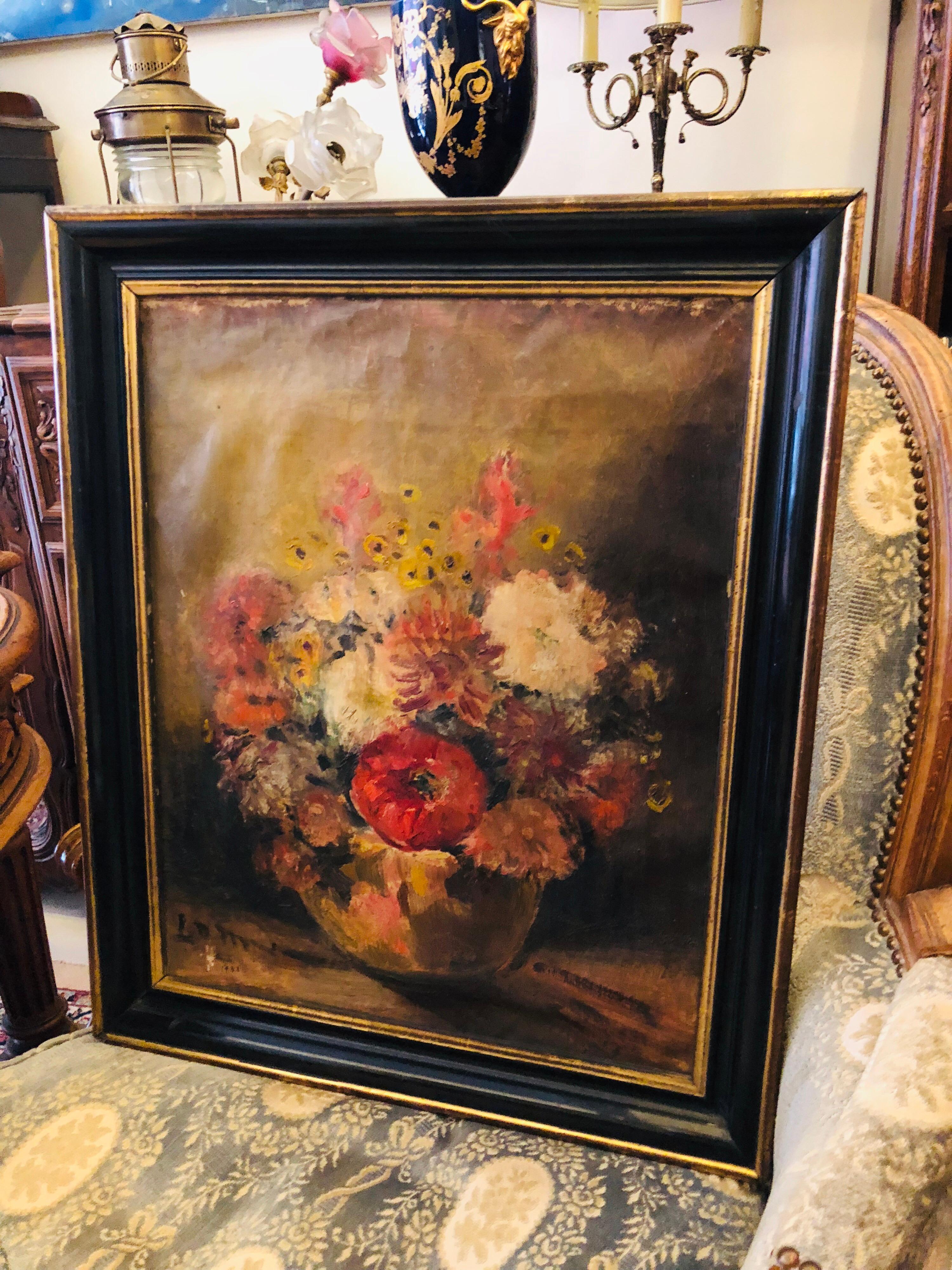 French school of the 20th century still life with flowers oil on canvas mounted on cardboard signed lower left (undecipherable) and dated 1938 .
Measures: 50 x 40 cm.