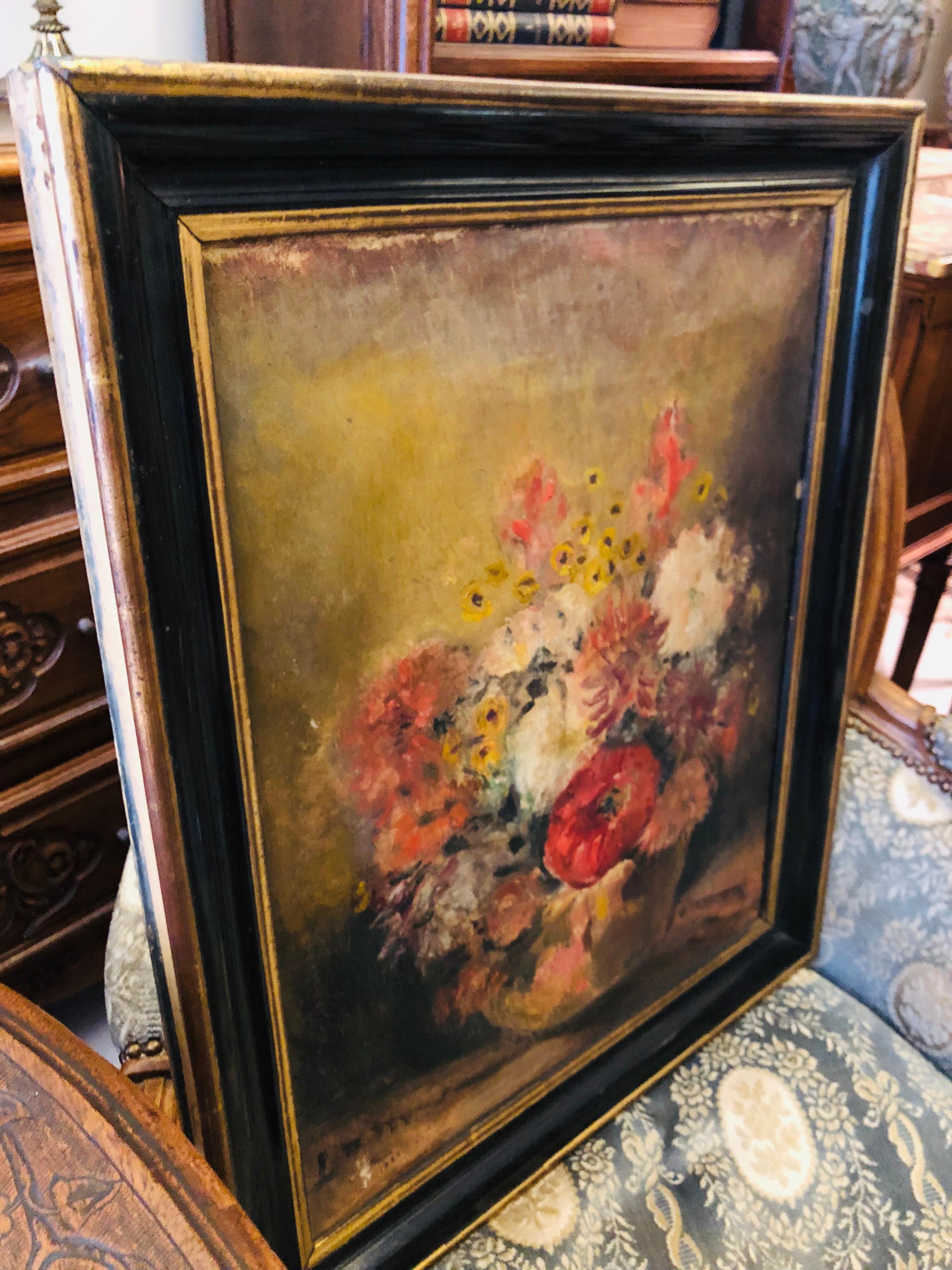 20th Century French School Flowers Oil on Canvas, Signed In Good Condition For Sale In Sofia, BG