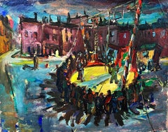 1930's French Expressionist Oil Night Time Town Scene Open Air Circus Ring