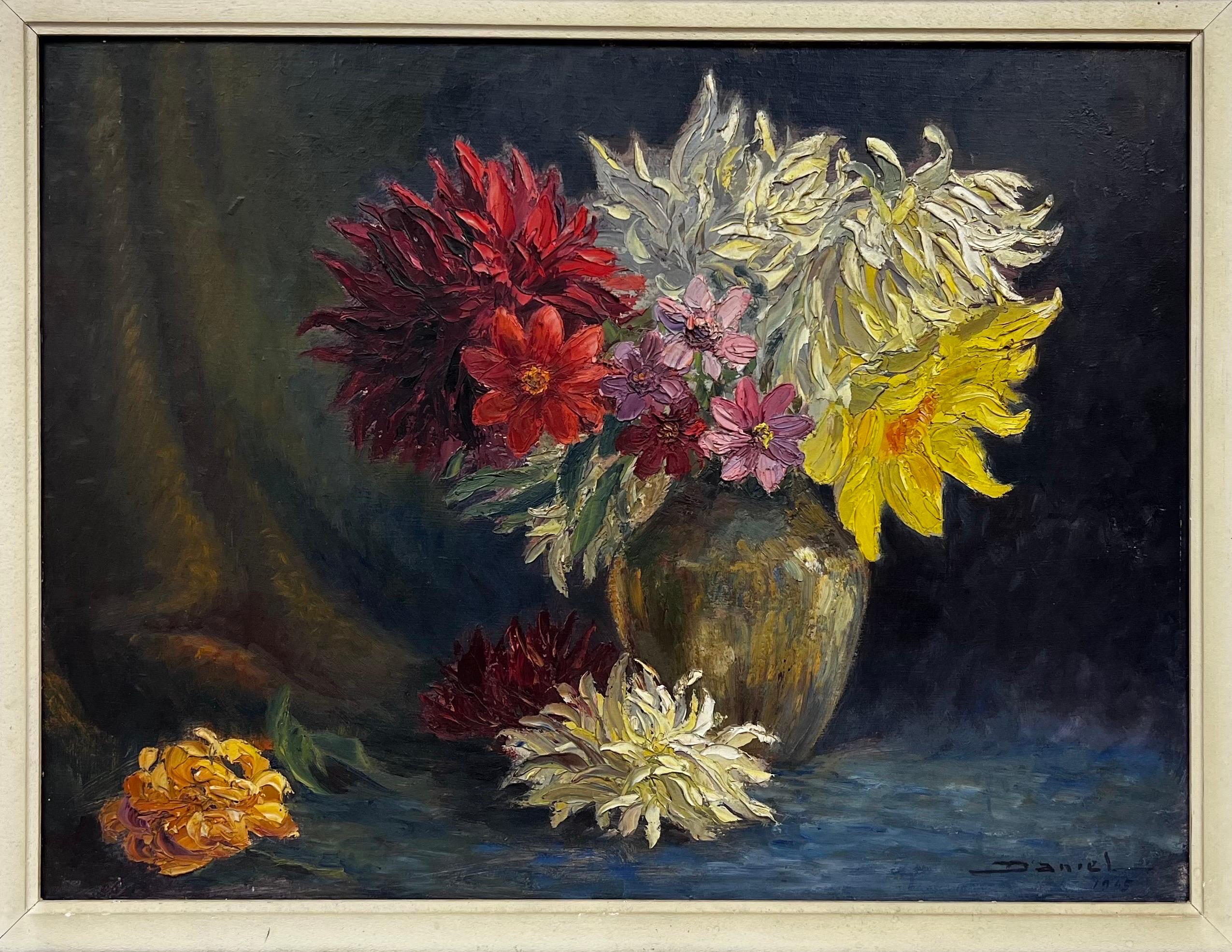 1940's French Post-Impressionist Thickly Painted Oil Still Life Flowers in Vase - Painting by 20th Century French School