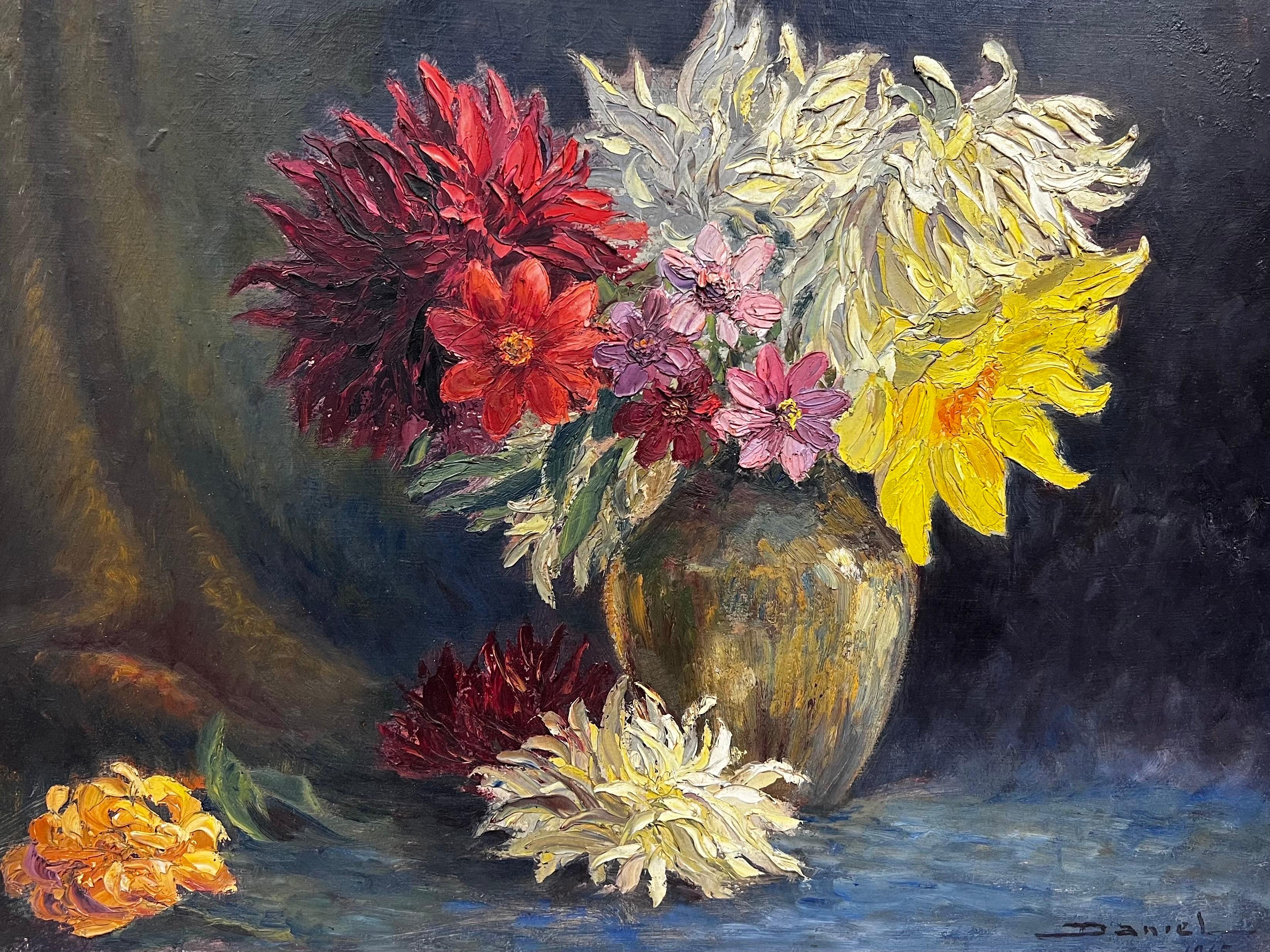Artist/ School: French School, signed and dated 1945

Title: Post Impressionist thickly painted oil depicting vibrant flowers in a vase. Wonderful texture to the paintings surface. 

Medium: oil on board, framed 

Framed: 25 x 30.5 
Board: 18 x 24