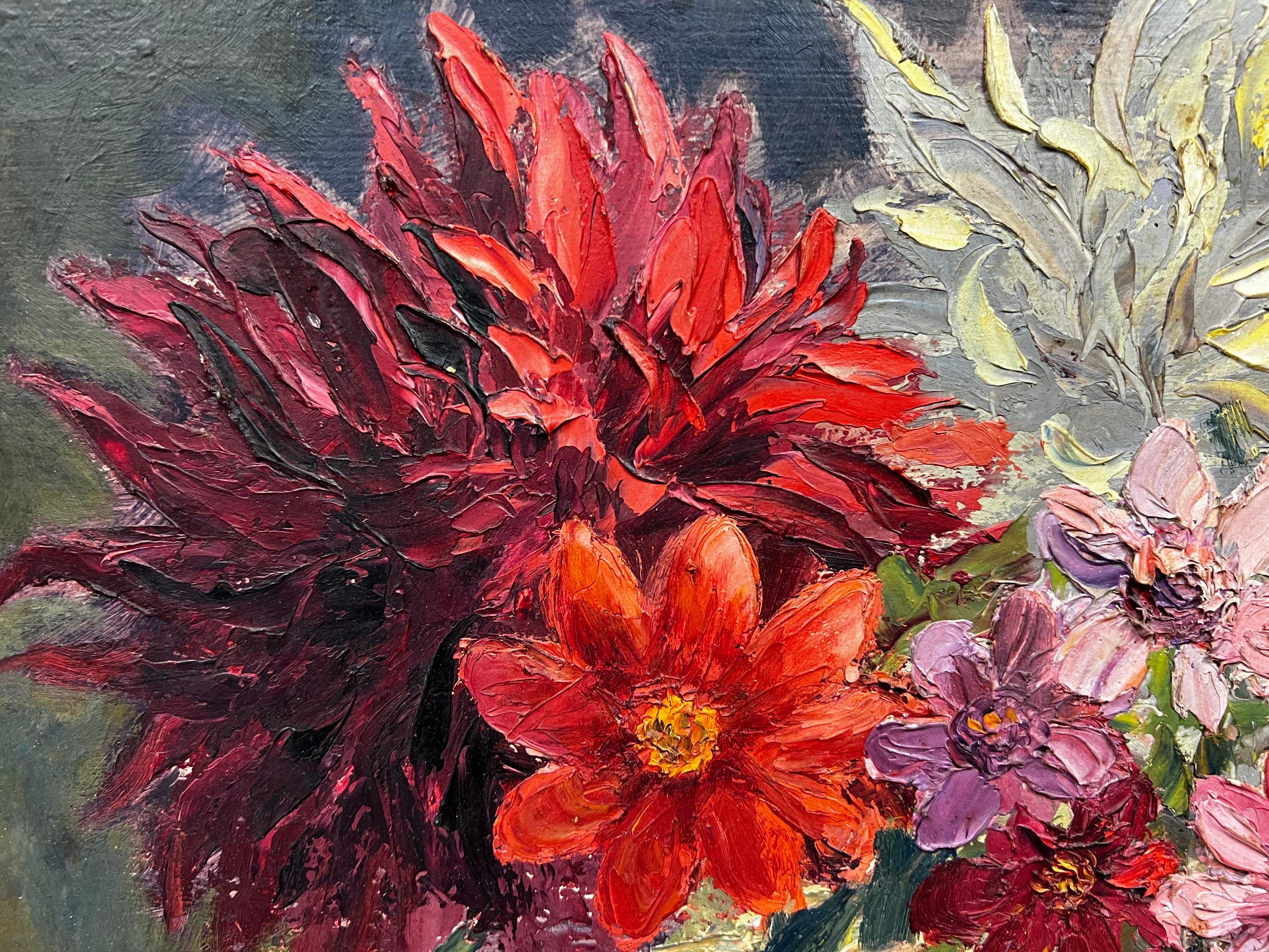 Artista/ Escuela: Escuela francesa, firmado y fechado en 1945

Título: Óleo postimpresionista densamente pintado que representa flores vibrantes en un jarrón. Maravillosa textura en la superficie de las pinturas. 

Técnica: Óleo sobre tabla,