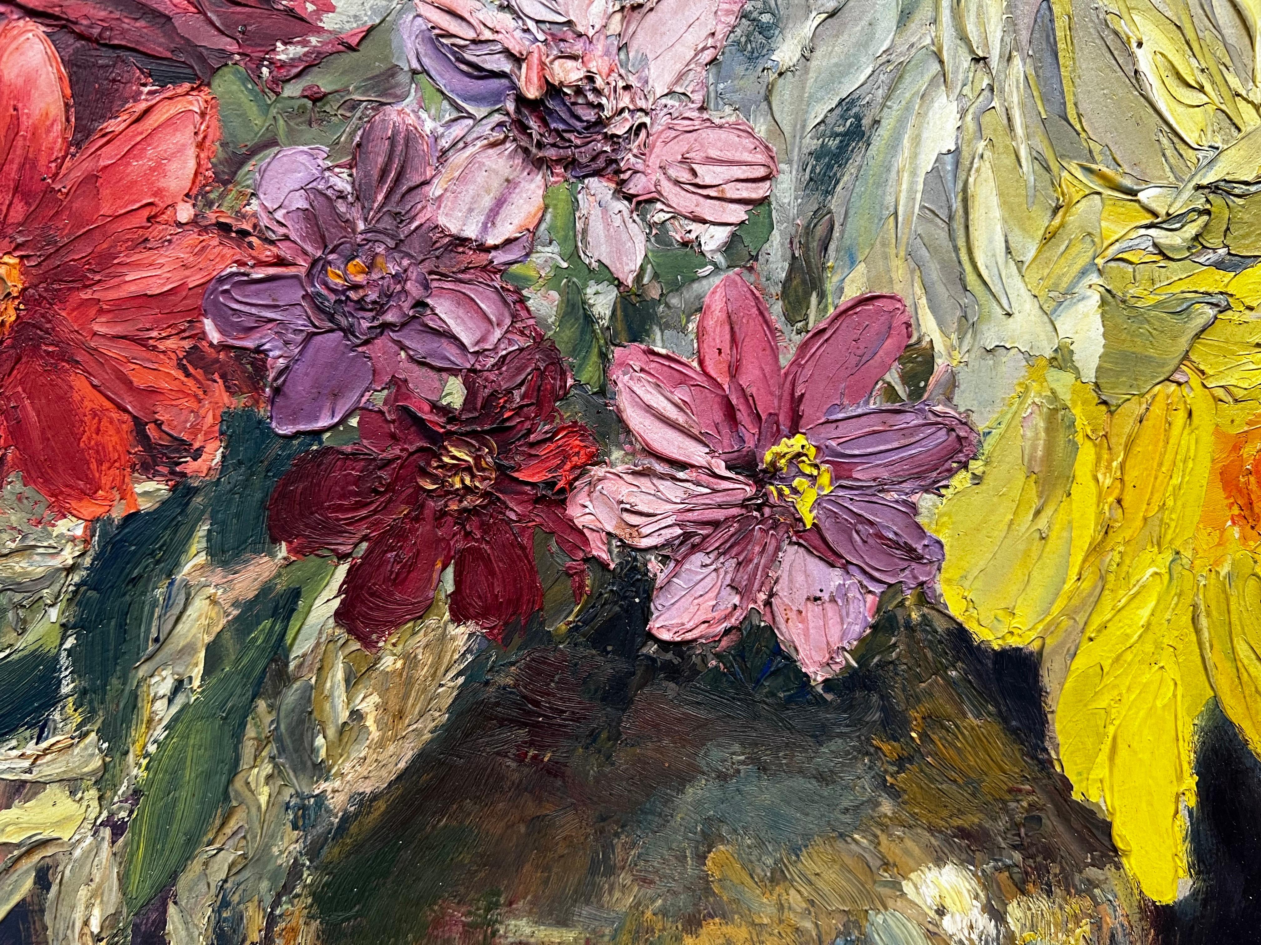 1940's French Post-Impressionist Thickly Painted Oil Still Life Flowers in Vase For Sale 3