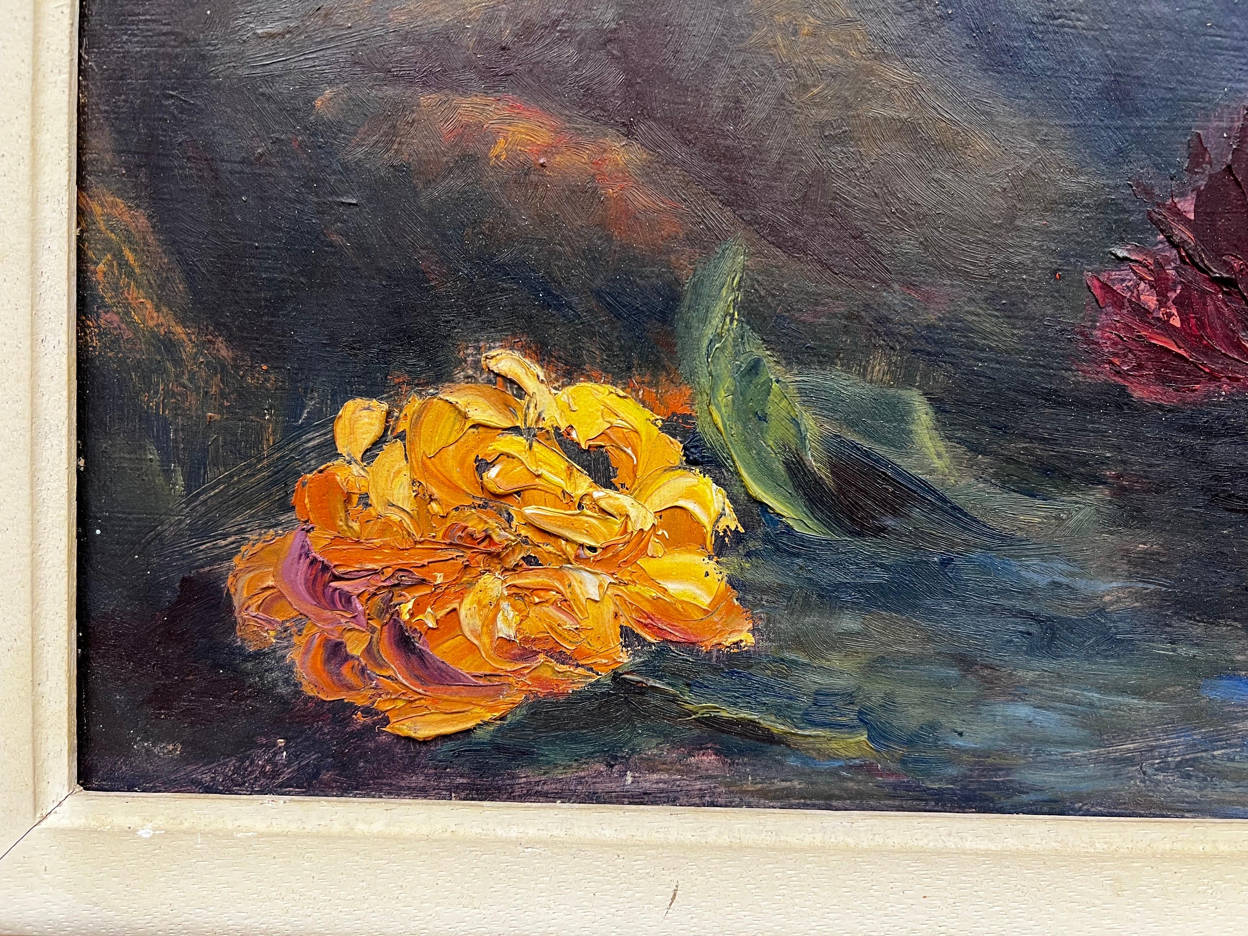 1940's French Post-Impressionist Thickly Painted Oil Still Life Flowers in Vase For Sale 5