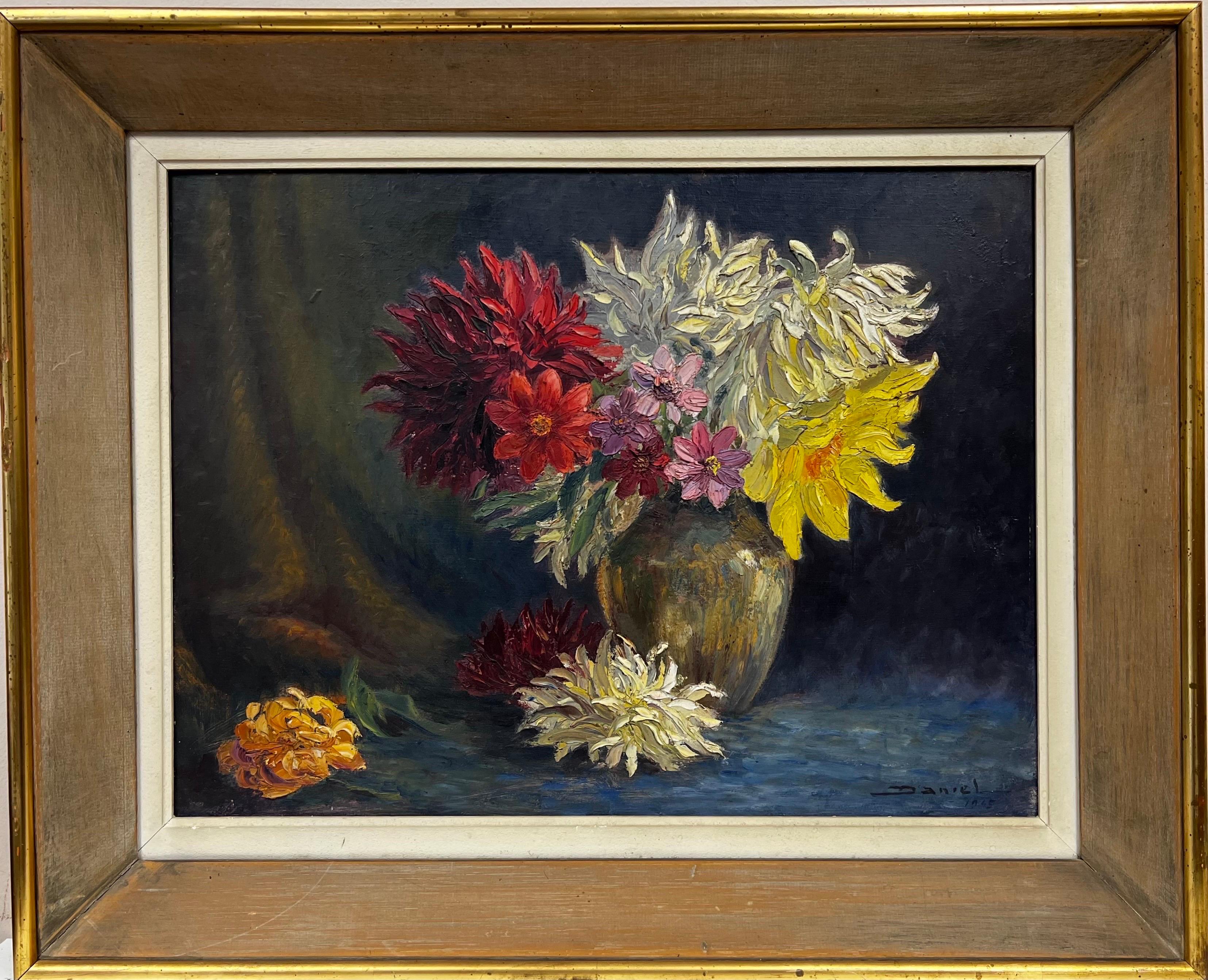 1940's French Post-Impressionist Thickly Painted Oil Still Life Flowers in Vase