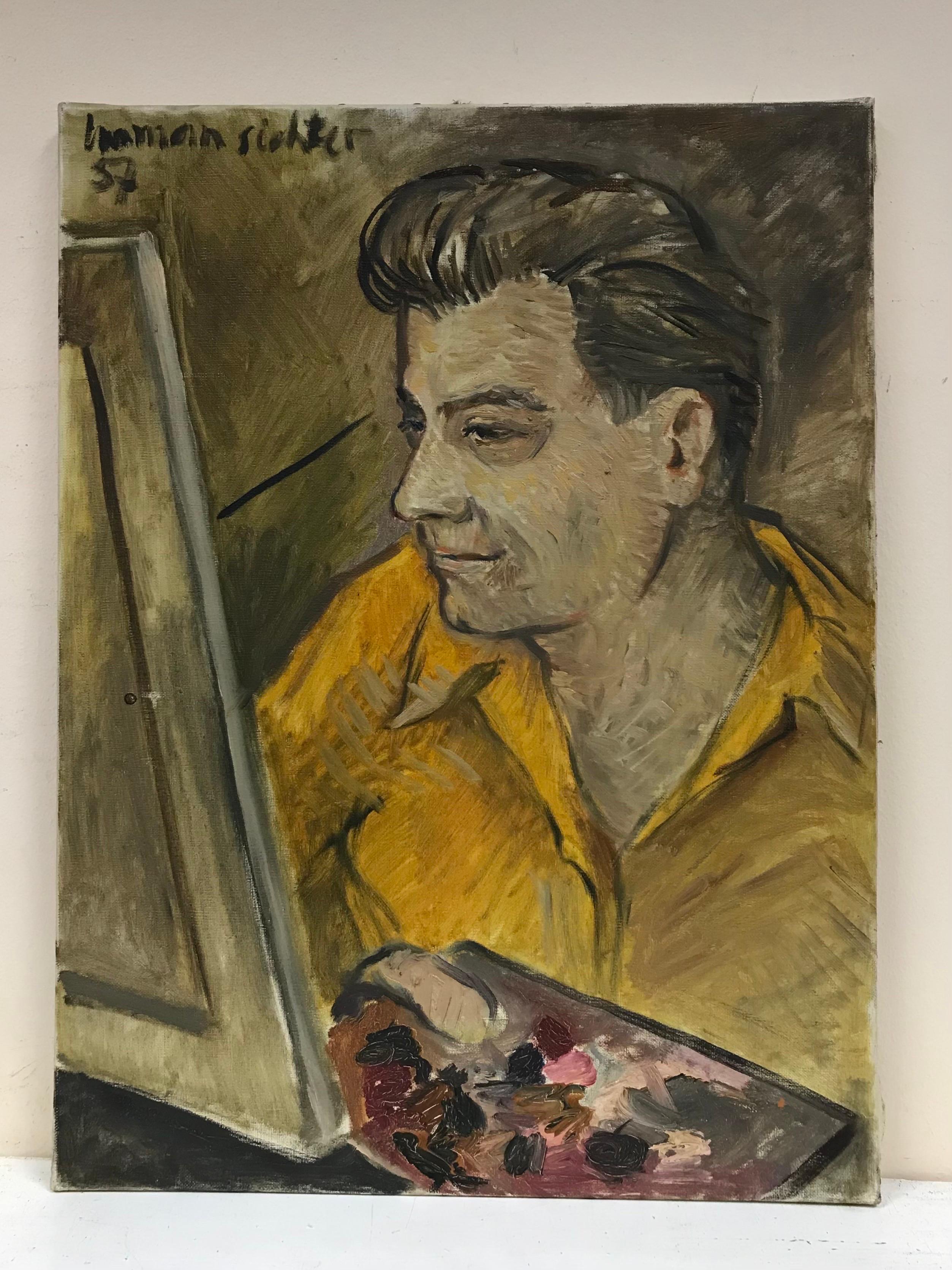 1950's French Impressionist Signed Oil - Artist at Easel Self Portrait - Painting by 20th Century French School