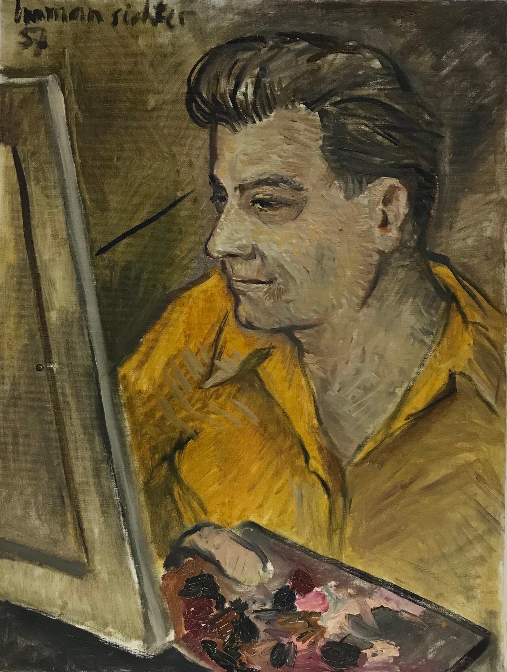 Huile impressionniste française des années 1950 - Artiste à Easel Self Portrait