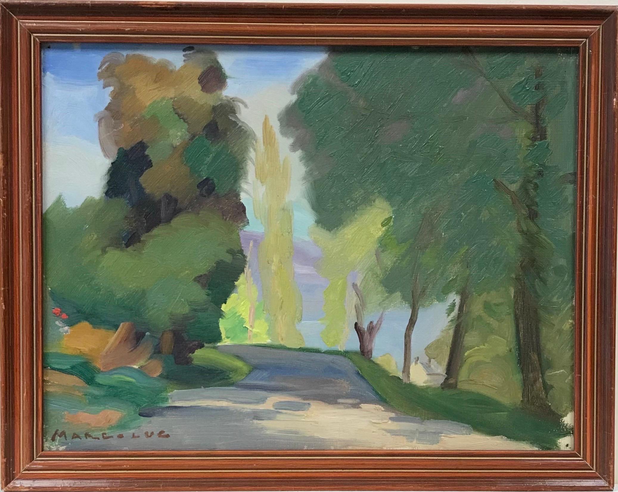 1950's French Modernist Signed Oil, Golden Green Landscape Woodland Pathway - Painting by 20th Century French School