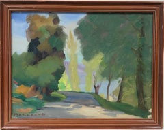 1950's French Modernist Signed Oil, Golden Green Landscape Woodland Pathway