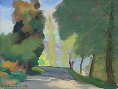 Huile signée du moderniste français des années 1950, paysage boisé vert doré, chemin de fer