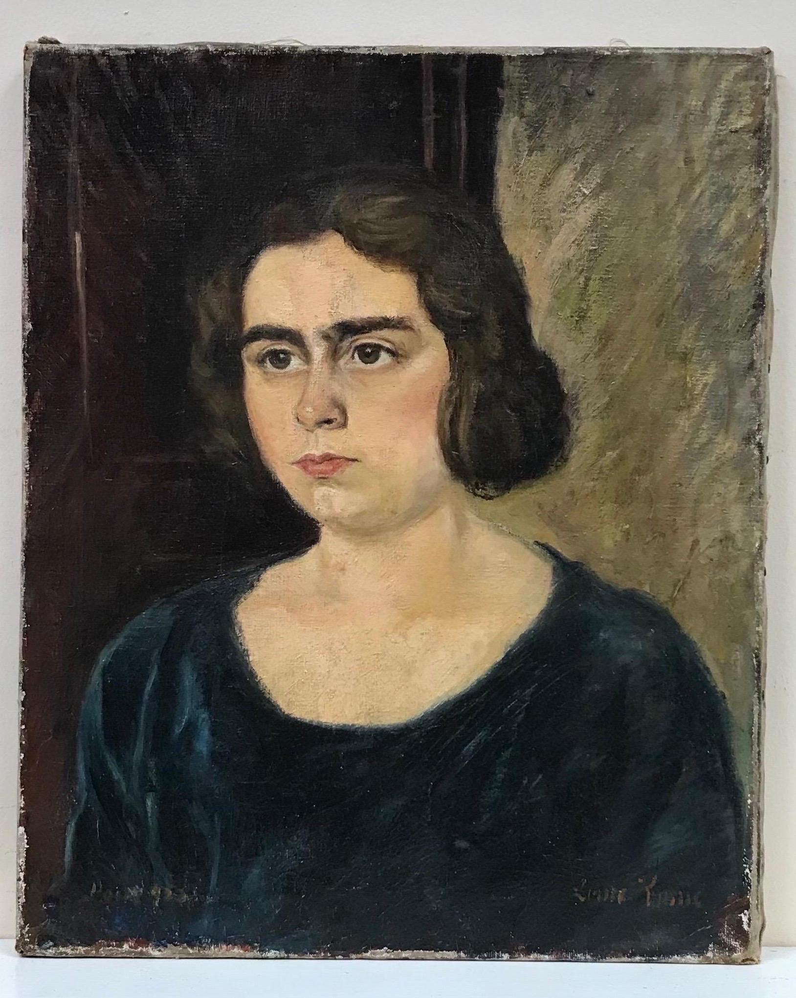 1950's French Oil, Portrait of a Young Lady with bobbed hair & moody expression - Painting by 20th Century French School