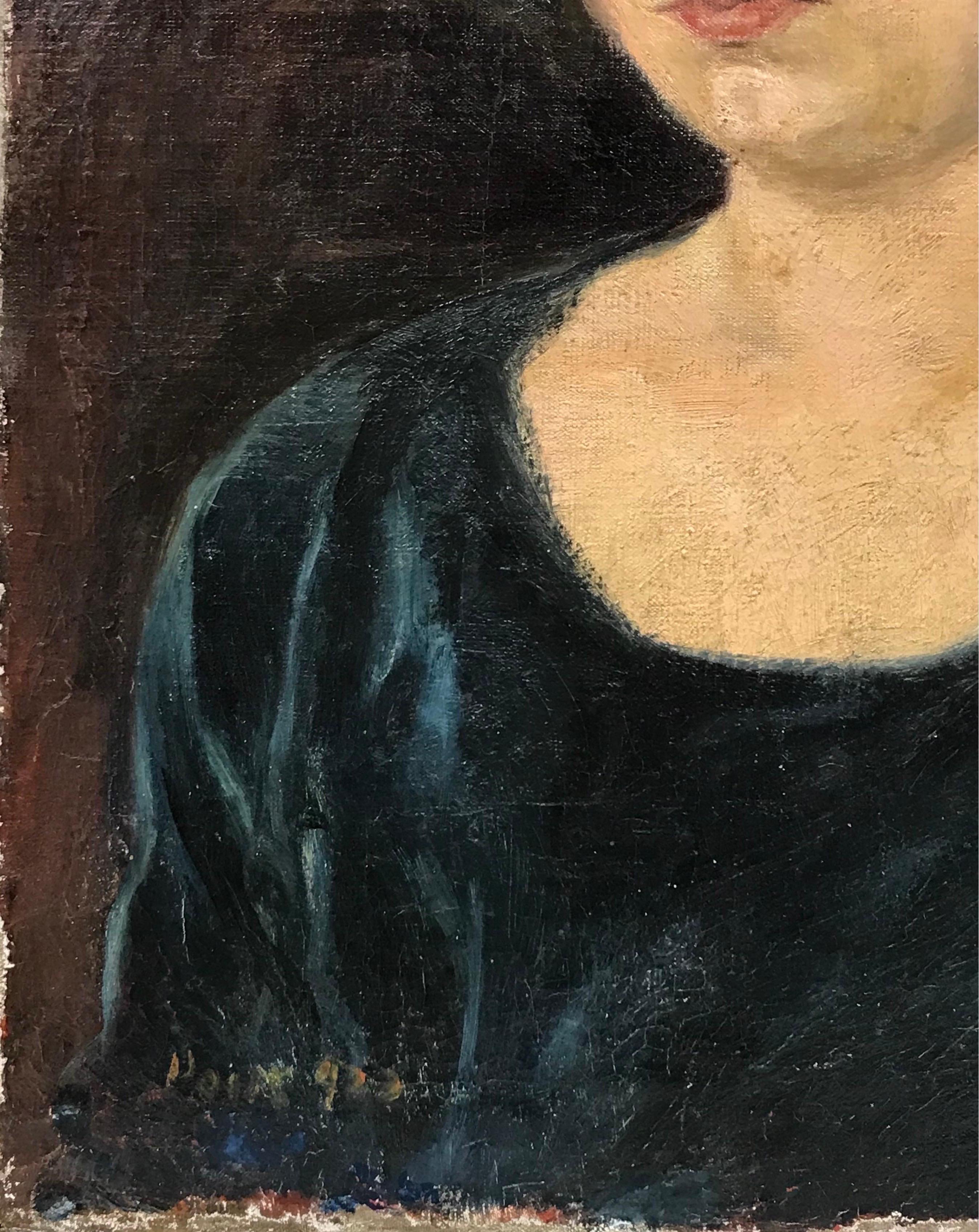 1950's French Oil, Portrait of a Young Lady with bobbed hair & moody expression - Impressionist Painting by 20th Century French School