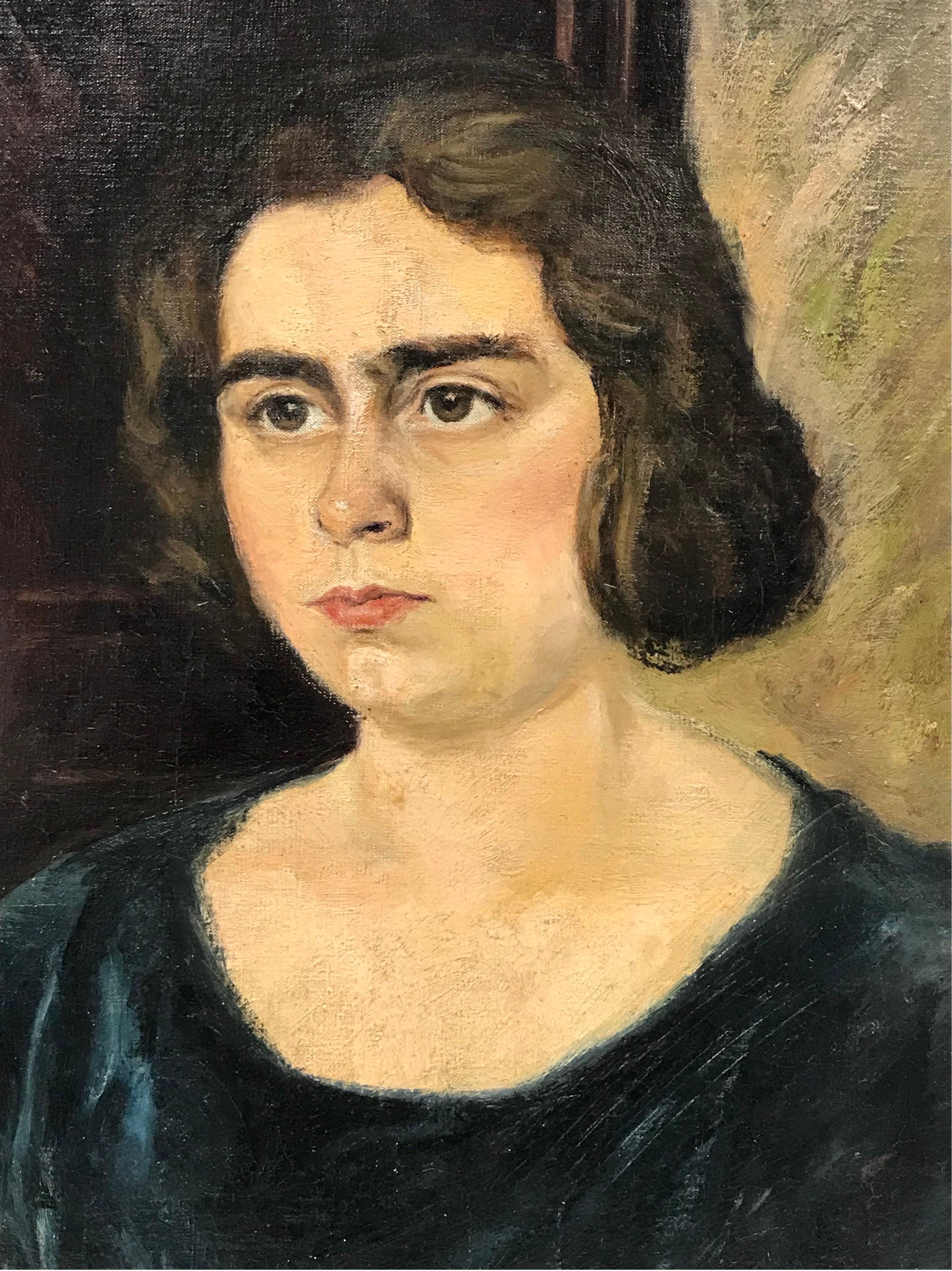 1950's French Oil, Portrait of a Young Lady with bobbed hair & moody expression - Black Portrait Painting by 20th Century French School