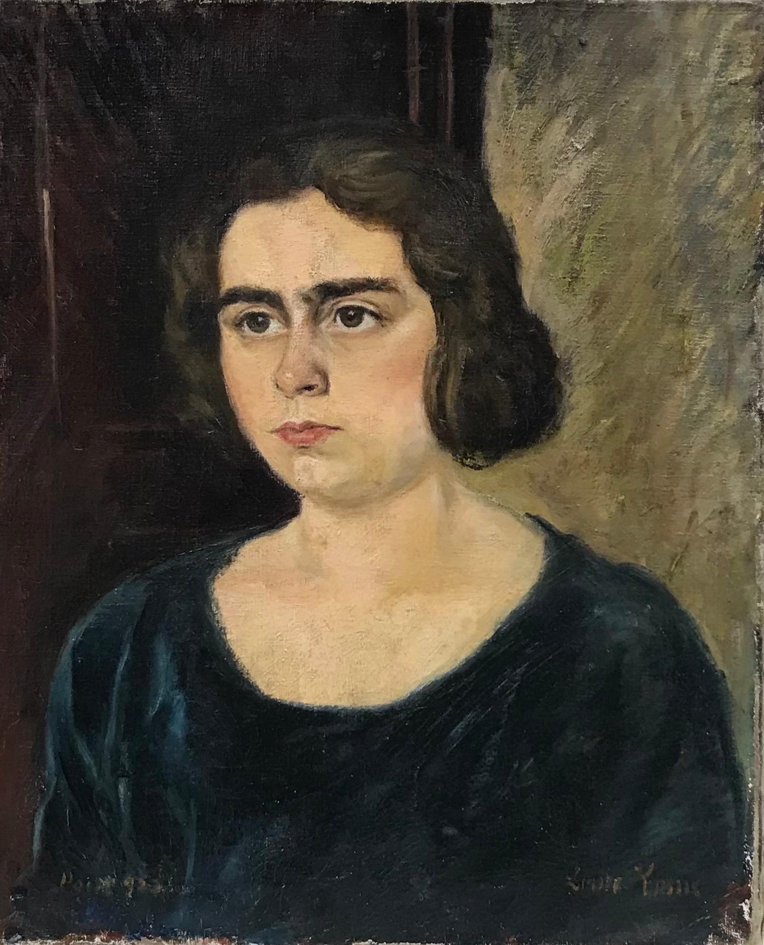 20th Century French School Portrait Painting - 1950's French Oil, Portrait of a Young Lady with bobbed hair & moody expression