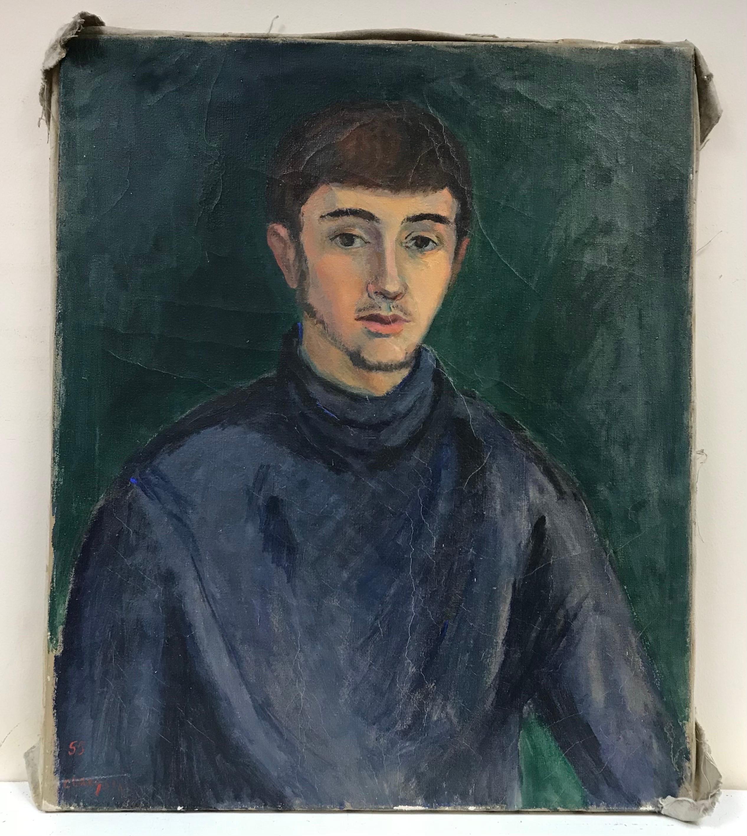 1950's French Signed Oil, Portrait of Young Man in Blue Jersey - Painting by 20th Century French School