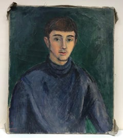 1950's French Signed Oil, Portrait of Young Man in Blue Jersey