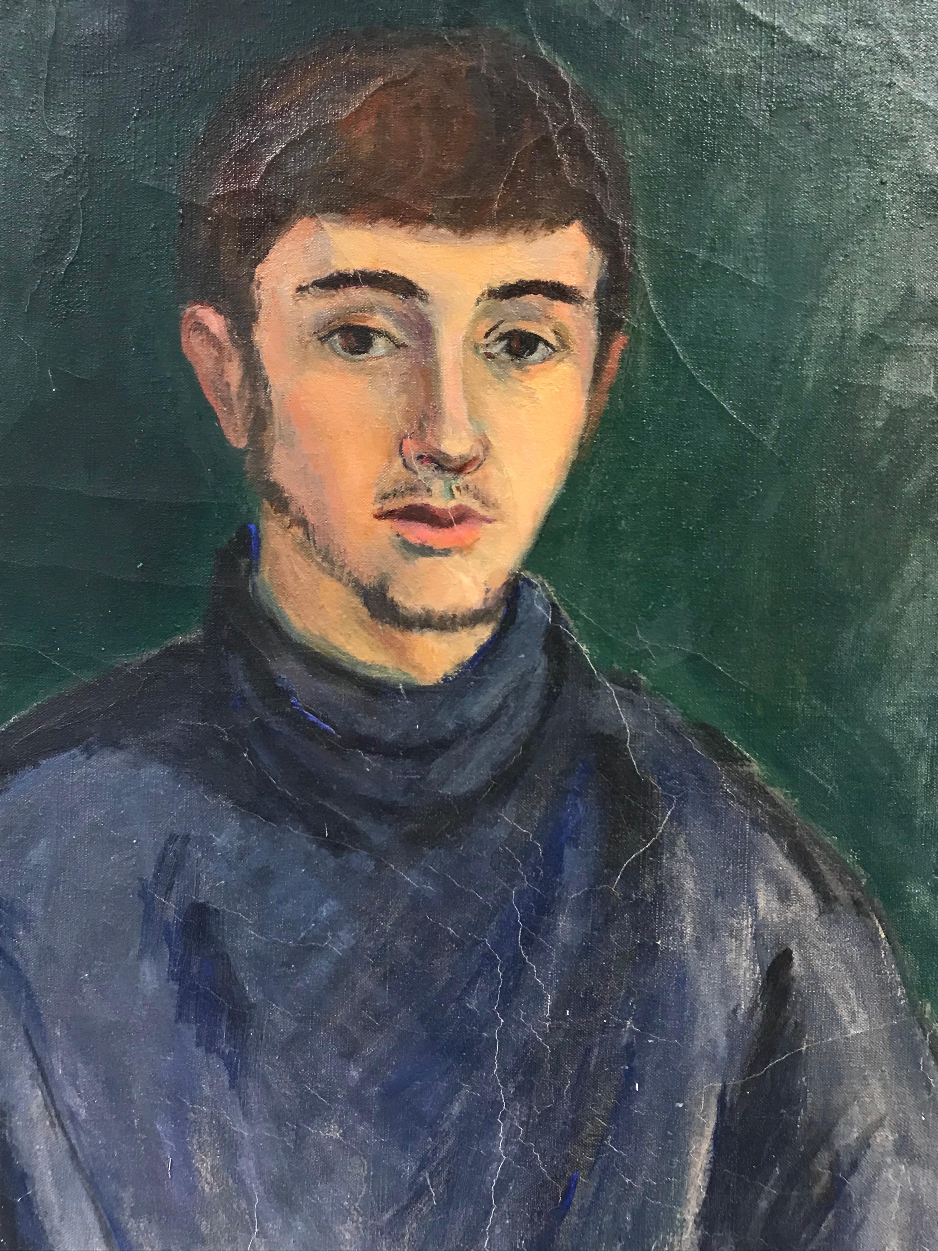 1950's French Signed Oil, Portrait of Young Man in Blue Jersey - Post-Impressionist Painting by 20th Century French School