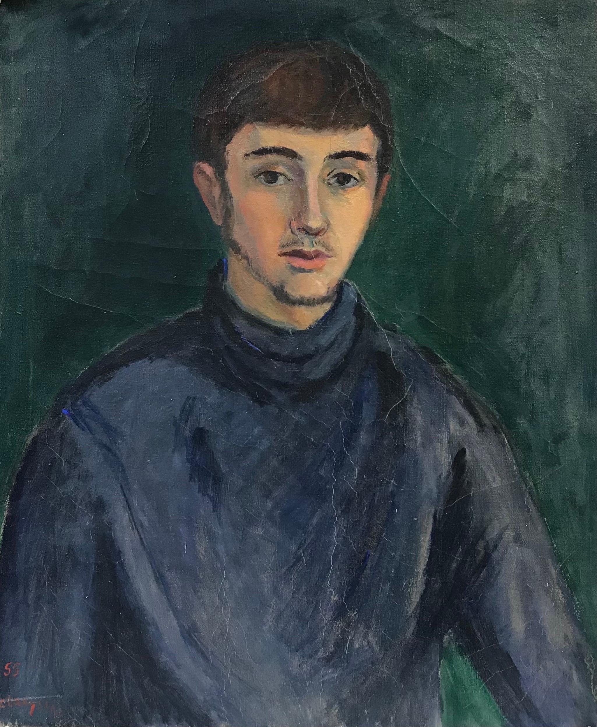 20th Century French School Figurative Painting - 1950's French Signed Oil, Portrait of Young Man in Blue Jersey