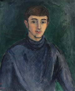 1950's French Signed Oil, Portrait of Young Man in Blue Jersey