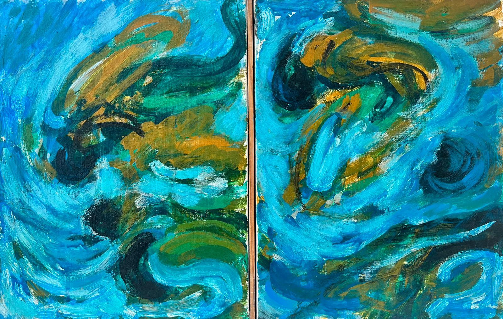 Coppia di oli su tela degli anni '60 di Espressionismo astratto francese Colori blu turchese - Painting di 20th Century French School