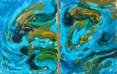 1960's French Abstract Expressionist Pair Oils on Canvas Turquoise Blue Colors