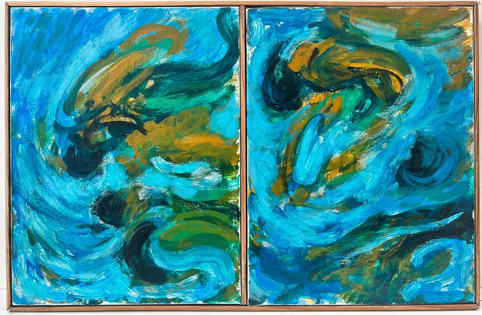 20th Century French School Abstract Painting – Französisches abstrakt-expressionistisches Paar Ölgemälde auf Leinwand in Türkisblau, 1960er Jahre