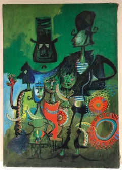 Peinture à l'huile moderniste française des années 1960 sur fond vert avec figuresbizarres