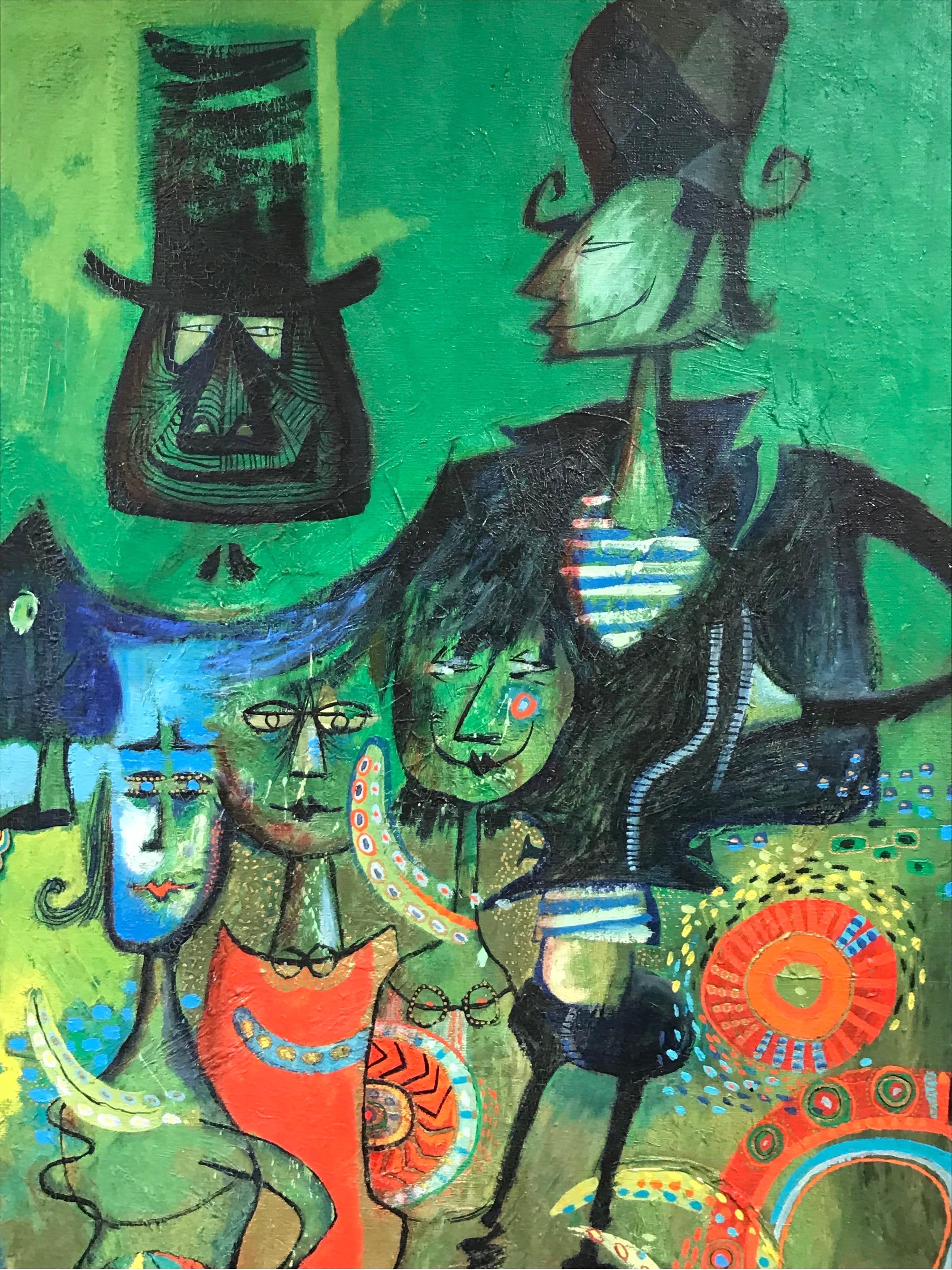 Peinture à l'huile moderniste française des années 1960 sur fond vert avec des figuresbizarres - Moderne Painting par 20th Century French School