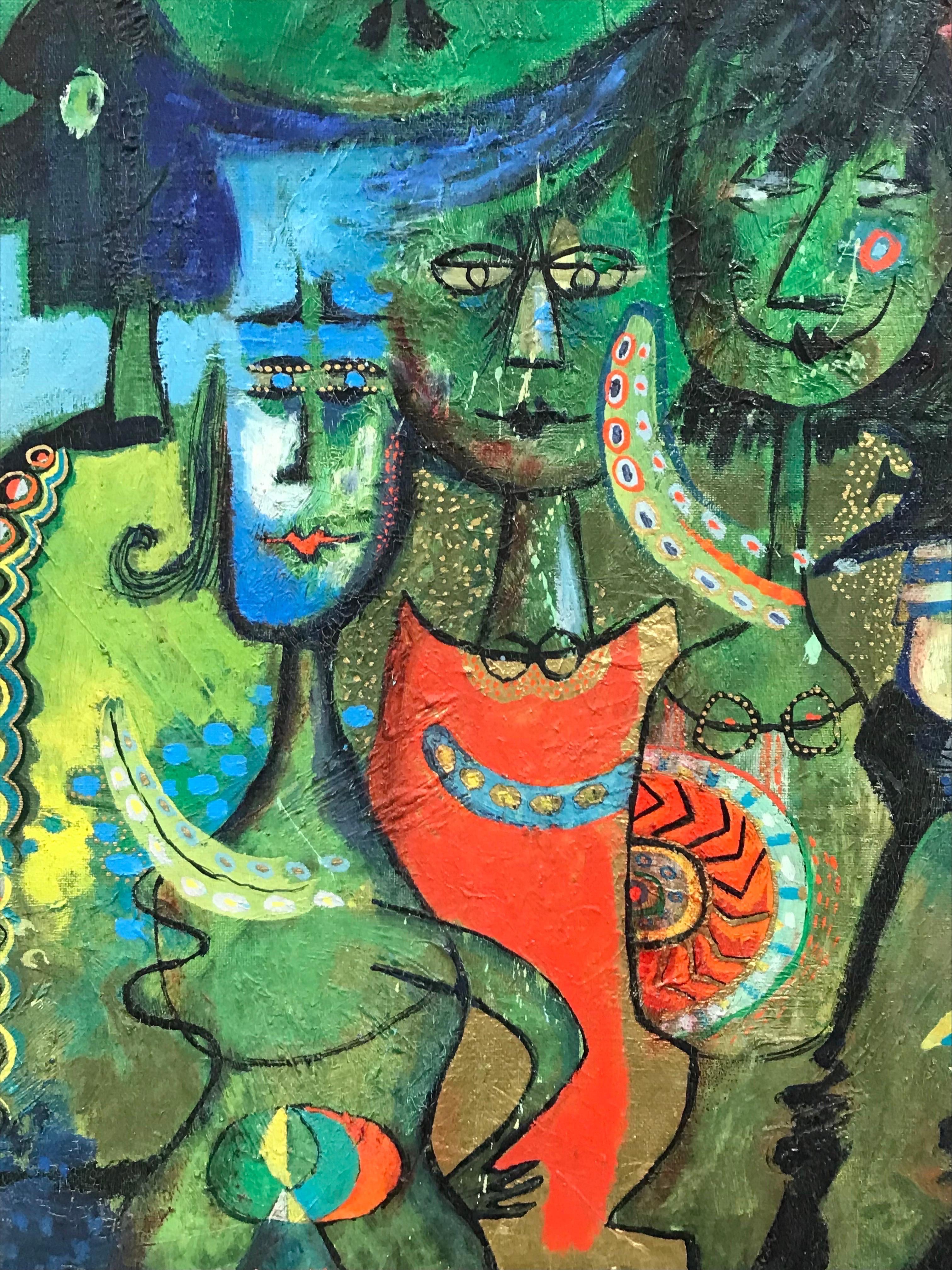 Peinture à l'huile moderniste française des années 1960 sur fond vert avec des figuresbizarres - Noir Abstract Painting par 20th Century French School