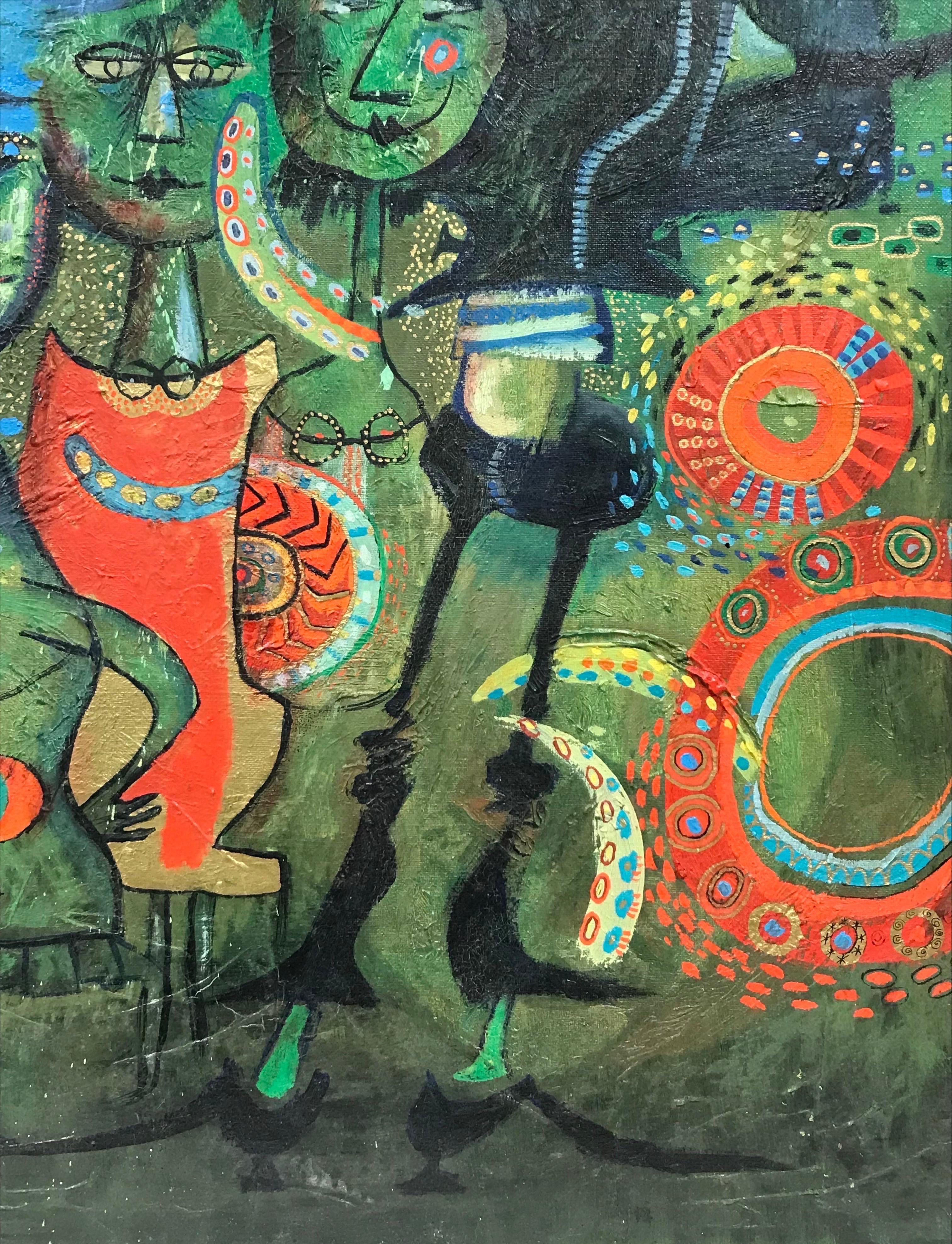 1960's French Modernist Oil Painting Green background with Bizarre Figures - Black Abstract Painting by 20th Century French School