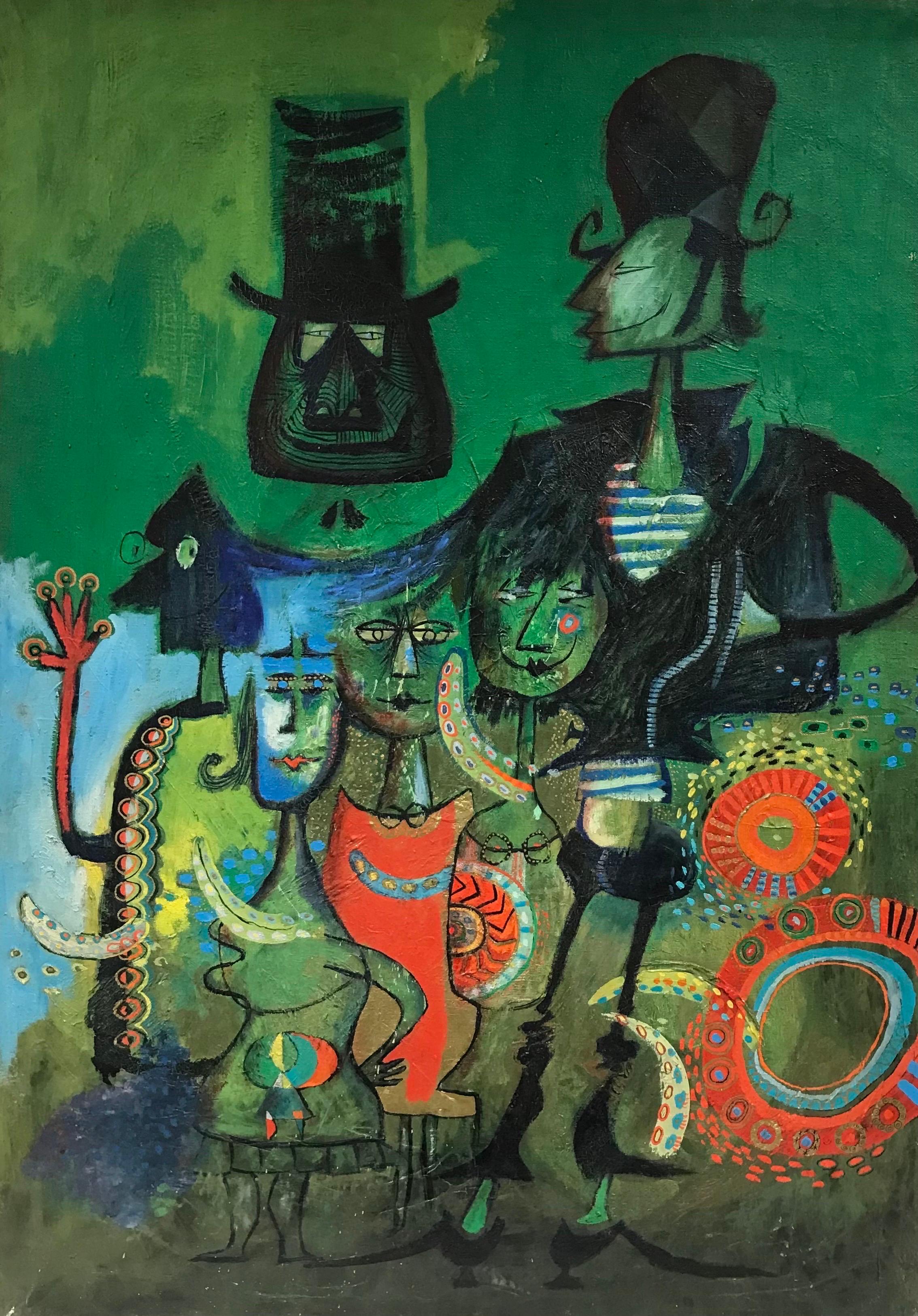 Abstract Painting 20th Century French School - Peinture à l'huile moderniste française des années 1960 sur fond vert avec des figuresbizarres
