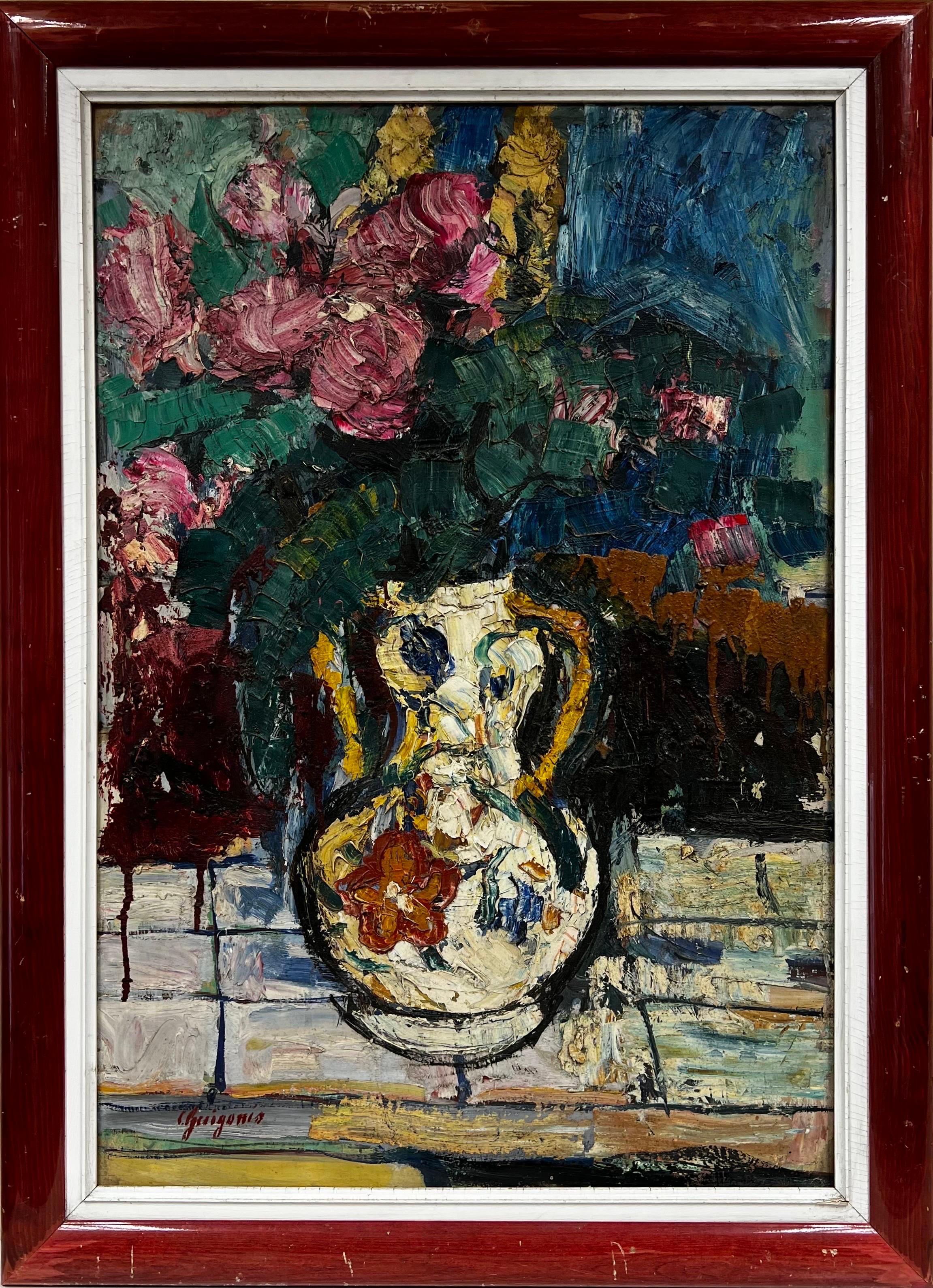 1960's French Post Impressionist Signed Oil Flowers in a Vase Very Thick Oil - Painting by 20th Century French School