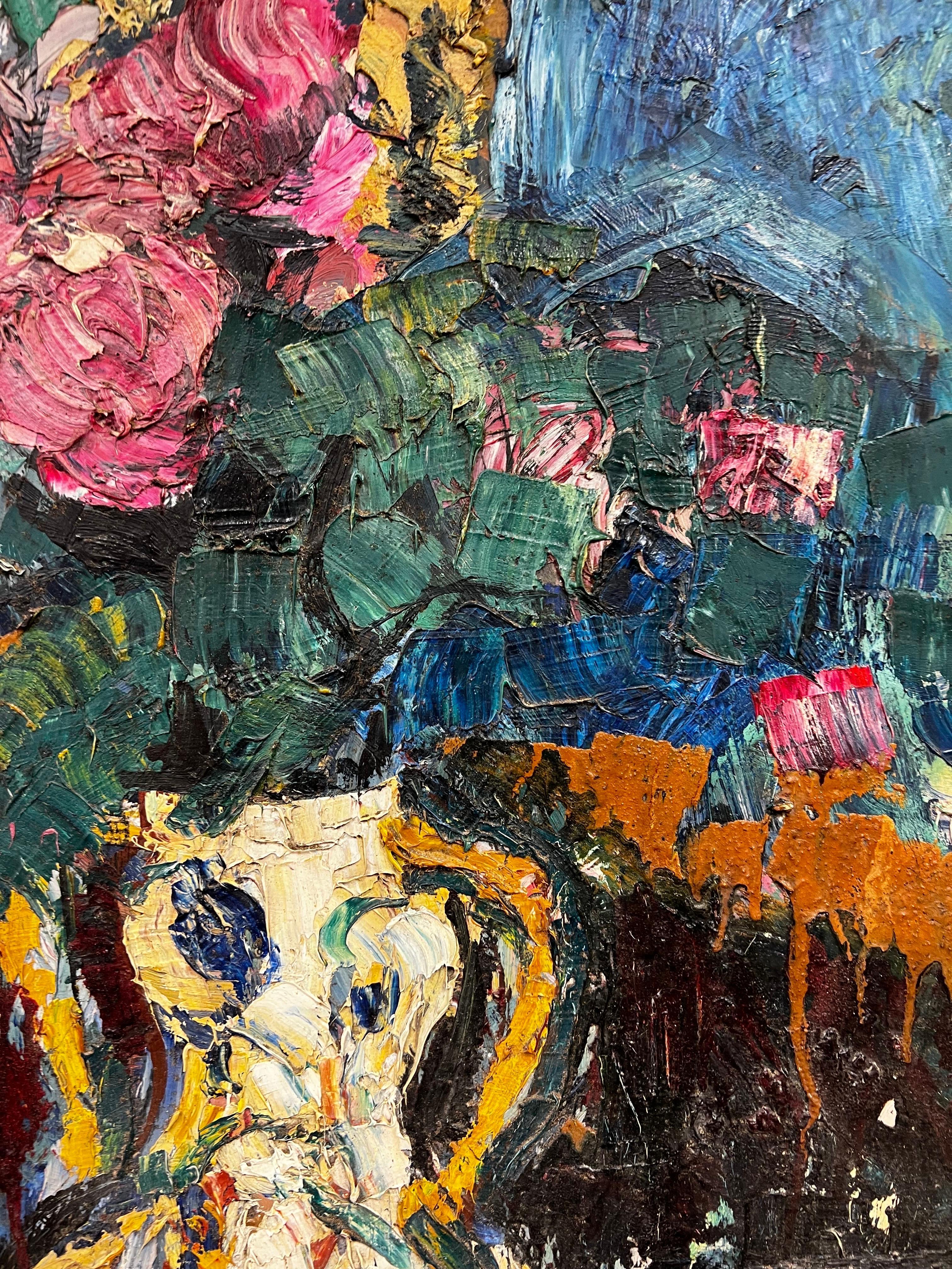 Artisten/Schule: Französische Schule, Mitte 20. Jahrhundert, signiert

Titel: Blumenstillleben in einer Vase, wunderschön dick gemaltes Öl, das eine dramatische Oberflächentextur erzeugt. 

Medium: Öl auf Karton, gerahmt 

Gerahmt: 33,75 x 24,5