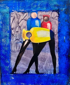 1980's French Abstract Collage/ Painting Leather Trousersed Figures with Jugs