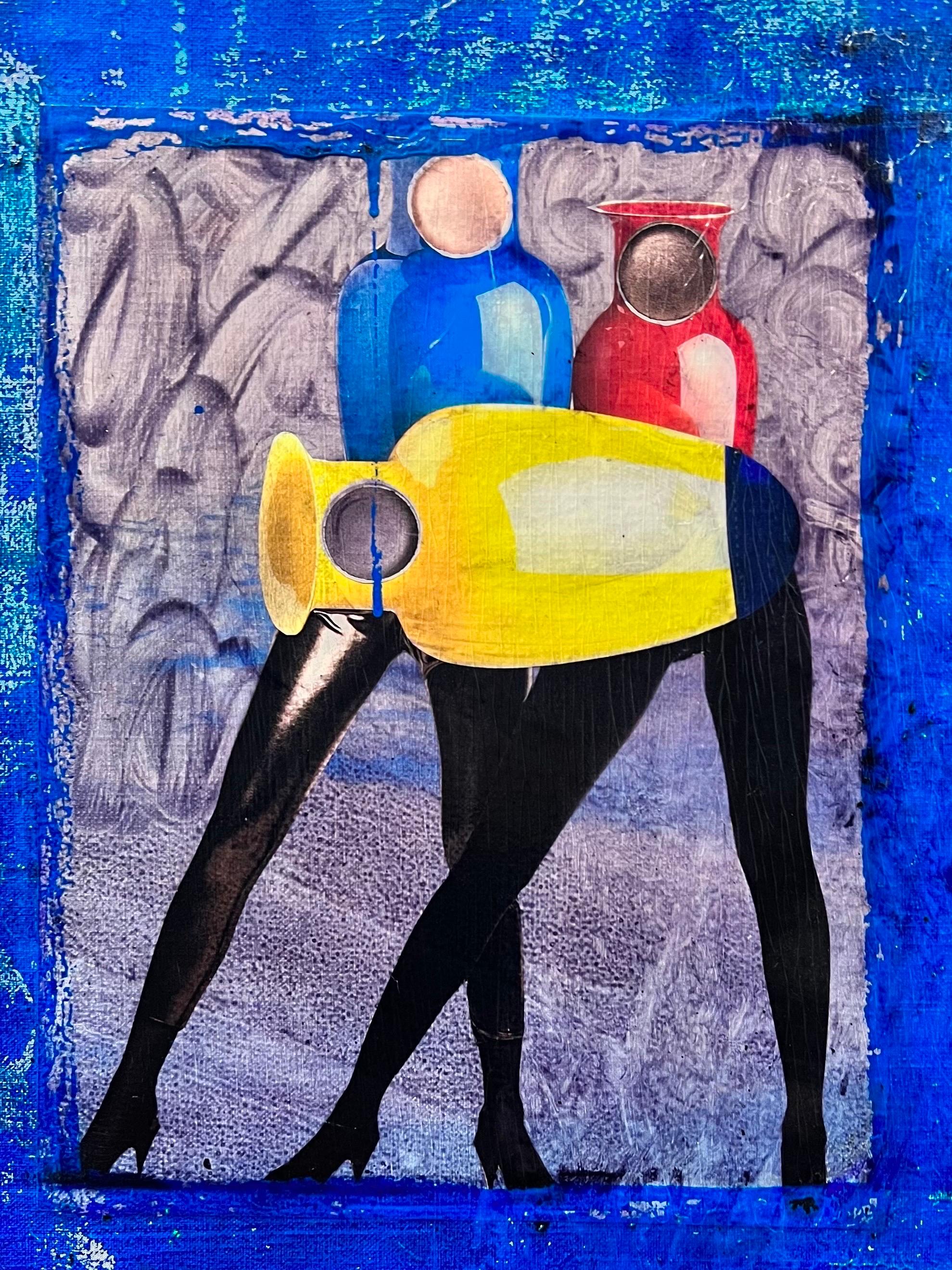 20th Century French School Figurative Painting - 1980's French Abstract Collage/ Painting Leather Trousersed Figures with Jugs