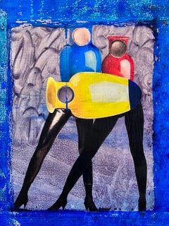 Collage/peinture abstraite française des années 1980 - Figures en cuir froncées avec pichets