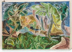 1980's French Abstract Geometric Green and Yellow Landscape, signed & dated