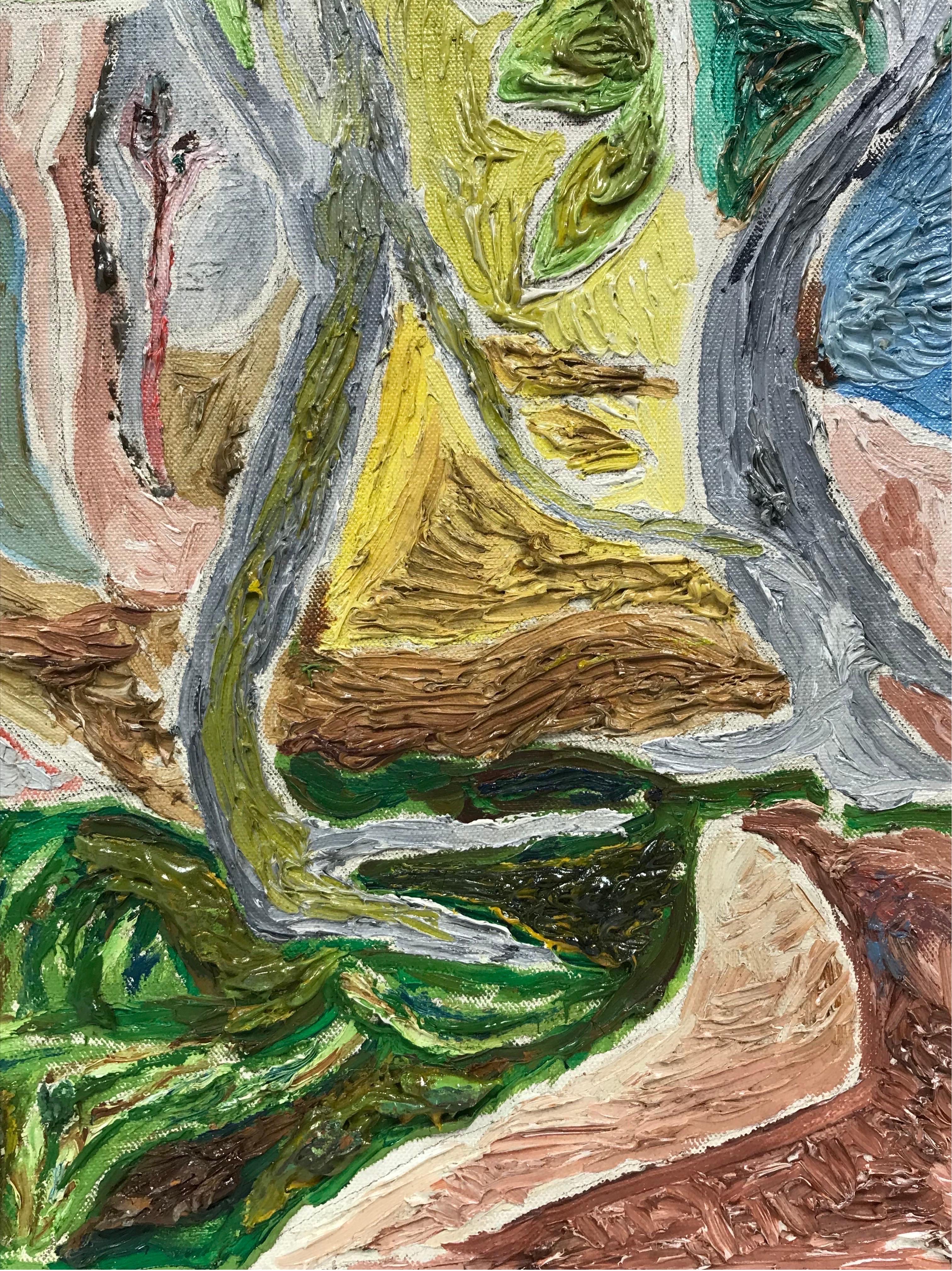 1980's French Abstract Geometric Green and Yellow Landscape, signed & dated - Cubist Painting by 20th Century French School