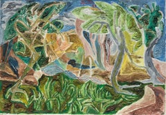 Paysage géométrique abstrait français des années 1980, vert et jaune, signé et daté