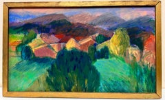 1980's French Post Impressionist Signed Oil Green Ochre Color Landscape Houses
