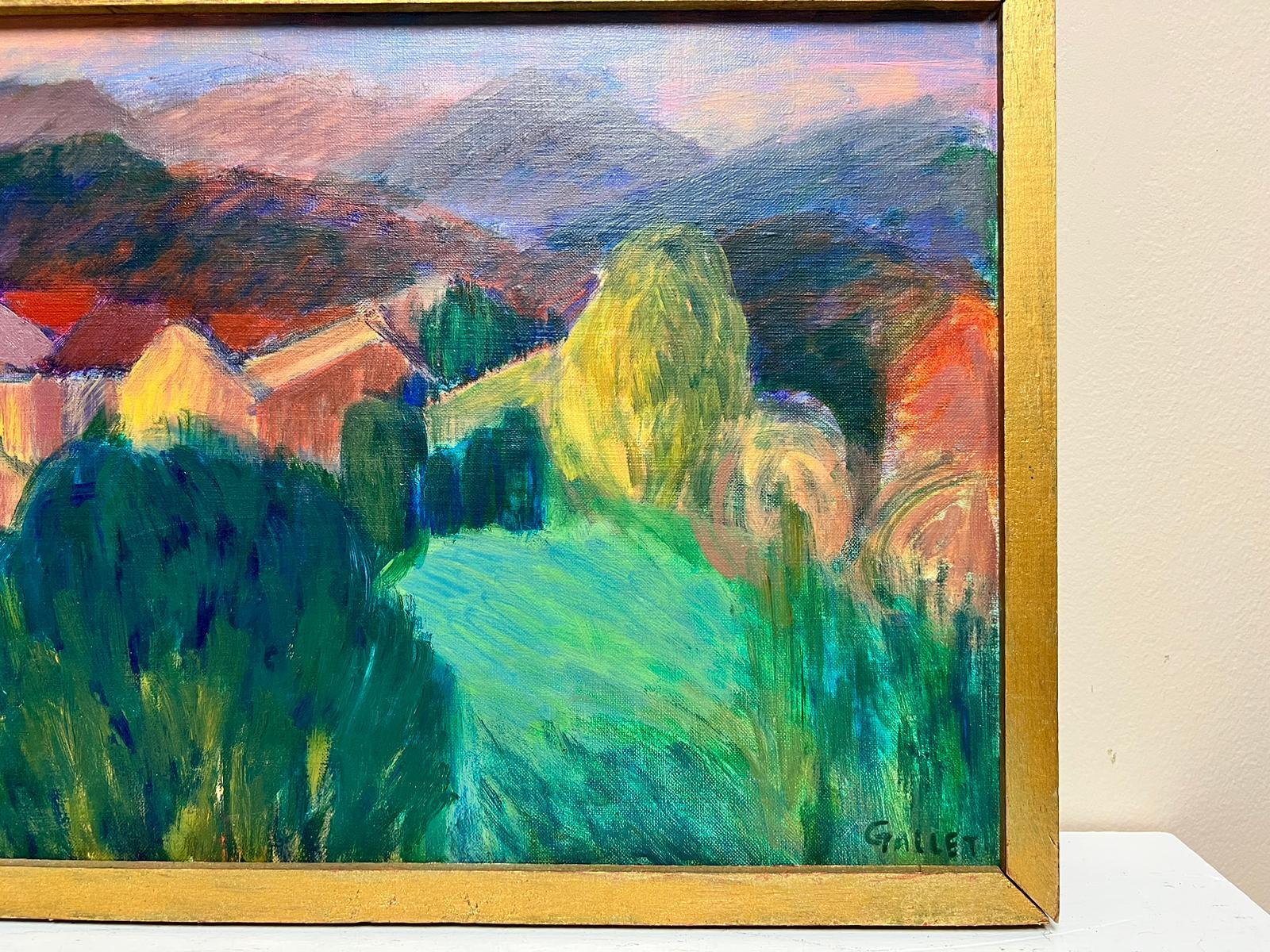 1980's French Post Impressionist Signed Oil Green Ochre Color Landscape Houses - Post-Impressionist Painting by 20th Century French School