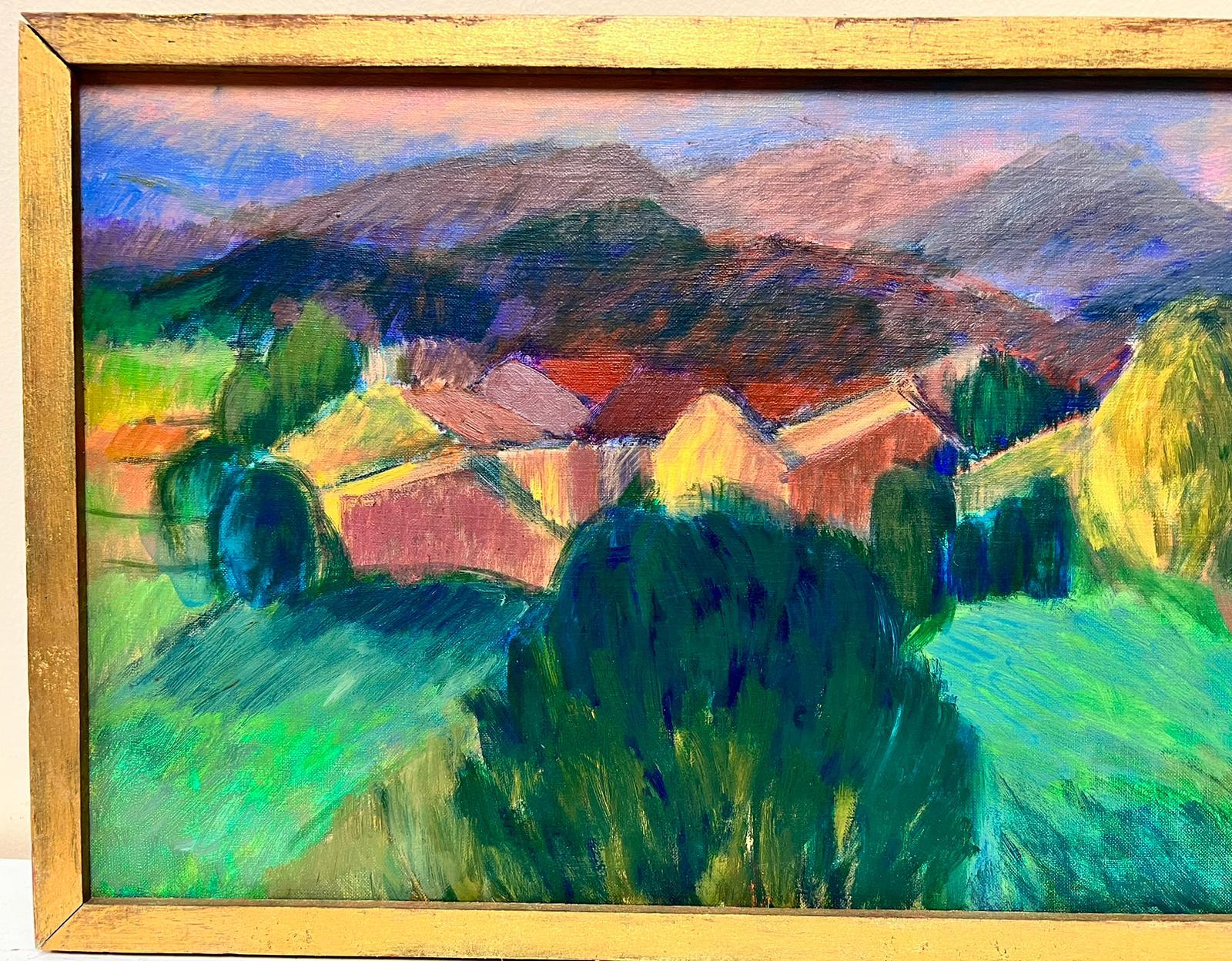 1980's French Post Impressionist Signed Oil Green Ochre Color Landscape Houses For Sale 1